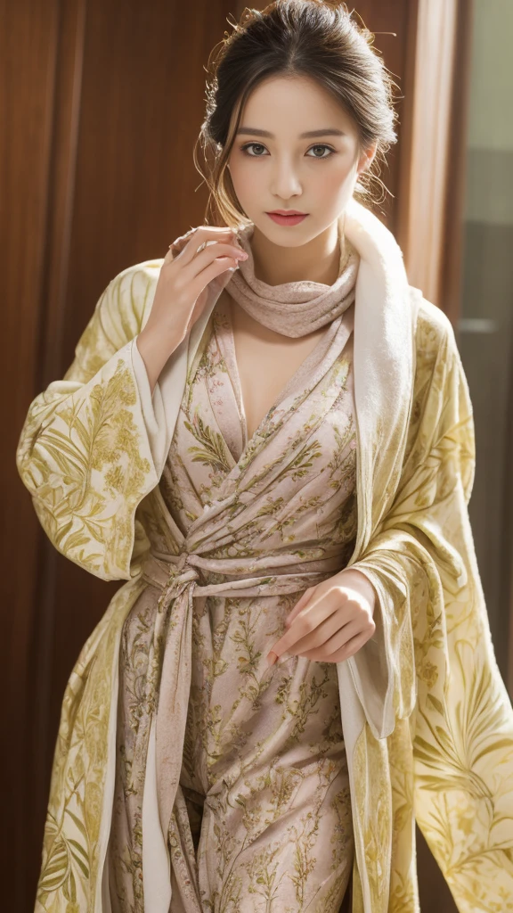 solo person，fully body photo，Silk print dressing gown，Fascinated by silk，pleasant sensation，There are beautiful prints on the dressing gown，Beautiful and intricate prints，Silk scarf，Stockings on the legs，very delicate beautiful，Very detailed skin，handsome detailed woman，very detailed eyes and faces， Stunning detailed eyes