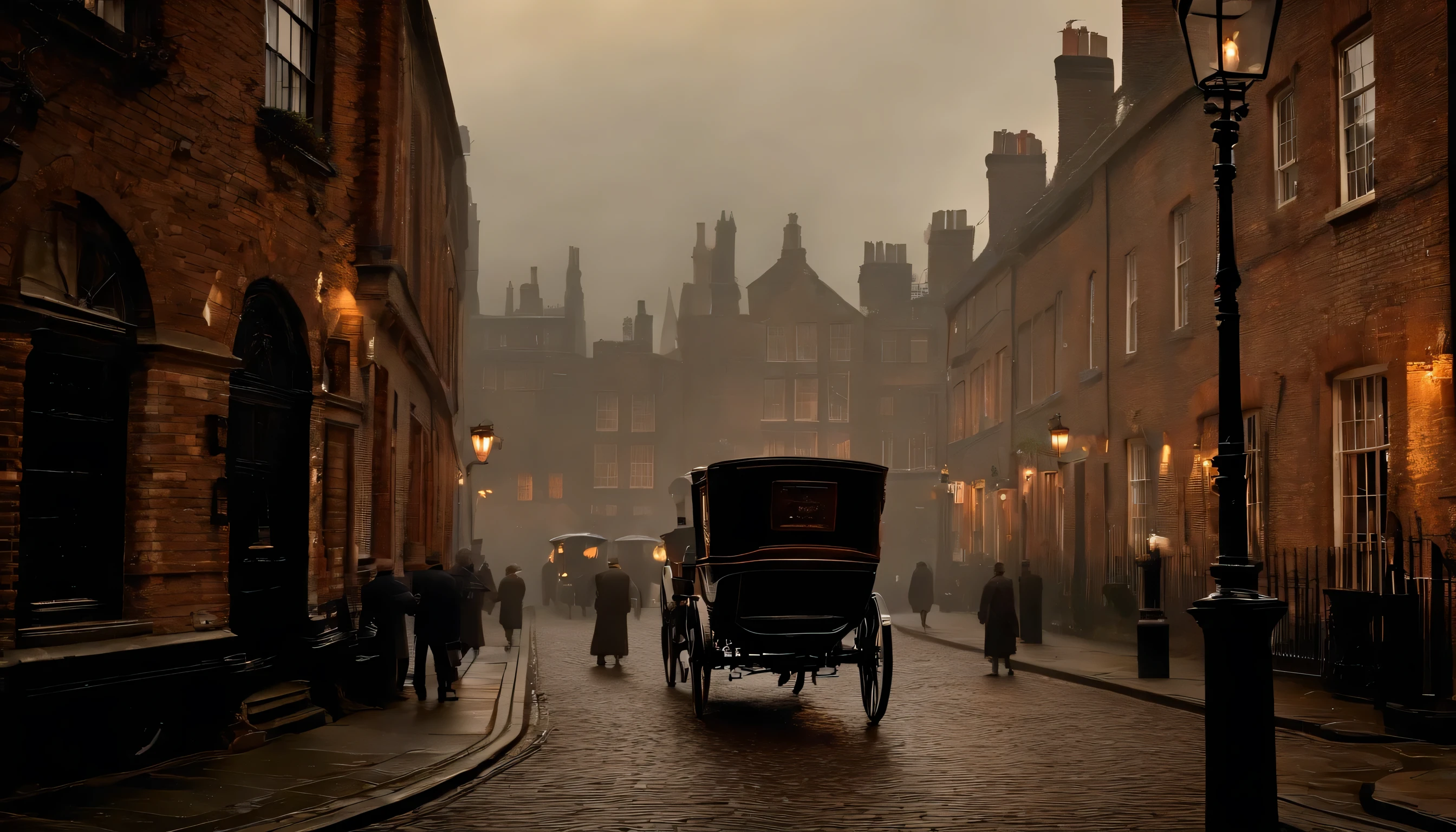 a street in Victorian London, gas lamps, cobblestone, fog, old buildings, chimney smoke, horse-drawn carriages, richly dressed gentlemen, bustling crowds, a shadowy figure in a top hat, urchins in ragged clothes, brick facades, narrow alleys, a glimpse of the Thames, damp and gloomy atmosphere, a sense of mystery. (best quality, high-res, realistic:1.37), oil painting, detailed textures, subdued colors, soft lighting.