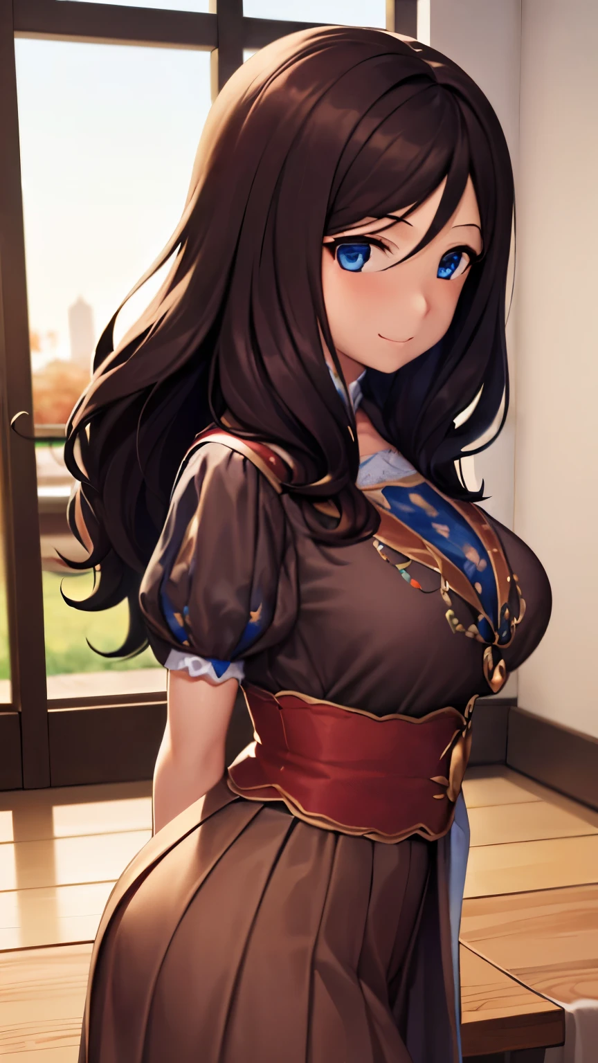 ((masterpiece, I understand the quality, High resolution, 超High resolution, pixel perfect, Depth of the bounds written, 4k, RTX, high dynamic range)), 1 girl, single, alone, 24-years-old, beautiful anime girl, beautiful art style, leonardo da vinci \(destiny\), ((long hair, bangs, brown hair, curl)), (blue eyes:1.4, round eyes, beautiful eyelashes, realistic eyes), (detailed face, blush:1.2), (smooth texture:0.55, lively質感:0.65, lively:1.2, cinematic, Anime CG style), medium breasts, perfect body, Plump, (dynamic angle, view, close), (indoor、medieval buildings), ((summer, autumn, Natural light, sunrise)), sly smile