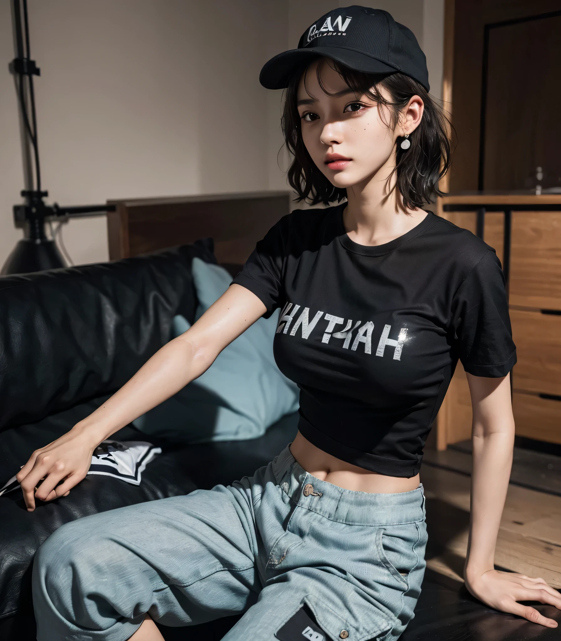 absurdres, RAW photo, extremely delicate and beautiful, masterpiece, Best Quality, ultra high resolution, 32k, hyperrealistic, ultra-detailed, perfect anatomy, perfect figure, super Detailed skin, Very detailed CG 8k wallpaper, very Slim body, narrow waist, very small head, very small face, delicate facial features, tearful mole, earring, thin legs, (very huge round breasts:1.3), (full body shot:1.1), (solo:1.2), short hair, (wavy hair:1.2), wet clothes, baseball cap, (black T-shirt:1.1), (baggy cargo shorts:1.1), 