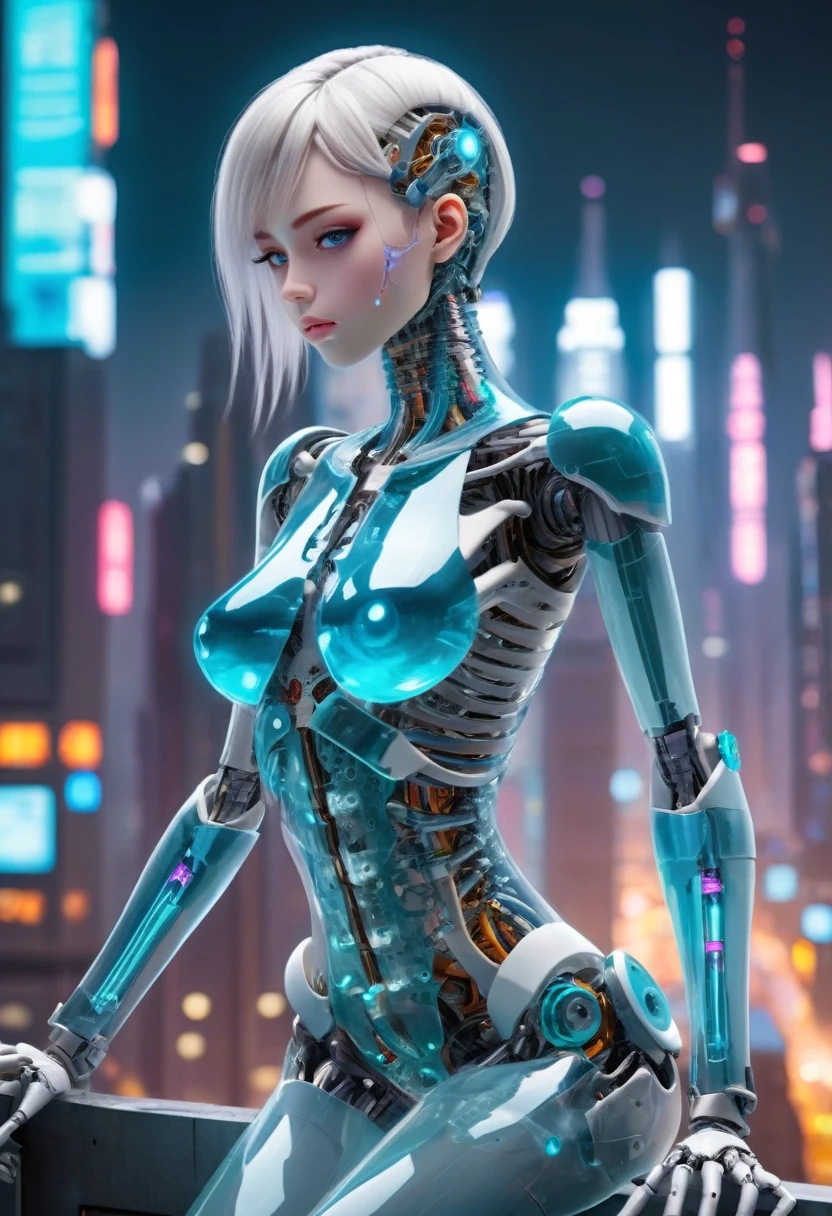 Translucent and mysterious mechanical girls,
 All futuristic girls,
 All are mechanical joint girls,
 All mechanical joint girls have different colors from the neck down,
 futuristic city background