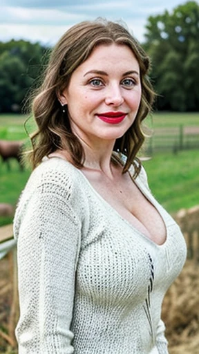 In this captivating photograph we delve into the realm of rural America. (Best quality: 1.3) mature white woman is wearing a colorful sweater, mischievous twinkle in her eyes and a playful smirk on her red lips, beautiful face, greying brunette hair, pale skin, slightly aged, 45 years old, happy face (not smiling), (busty:1.2), cleavage, realistic skin texture, outdoors, farmland background, rural life, body directly facing camera, photorealistic, horses in background
