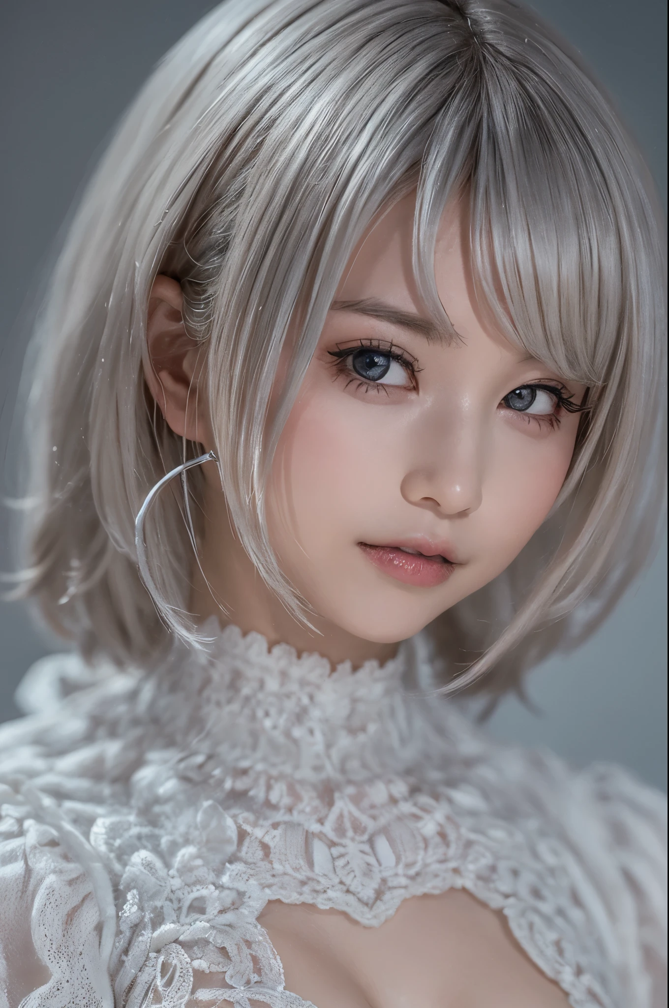 ((high quality)),table top,(Detailed depiction of local details:1.2),1 Japanese girl,(plump breasts:1.3),Enchanted Valley,closed mouth,eyelash,looking at the viewer,portrait,alone,Upper body,gray hair,white theme,short hair,silver hair,Yoruhano. 2 Type B,