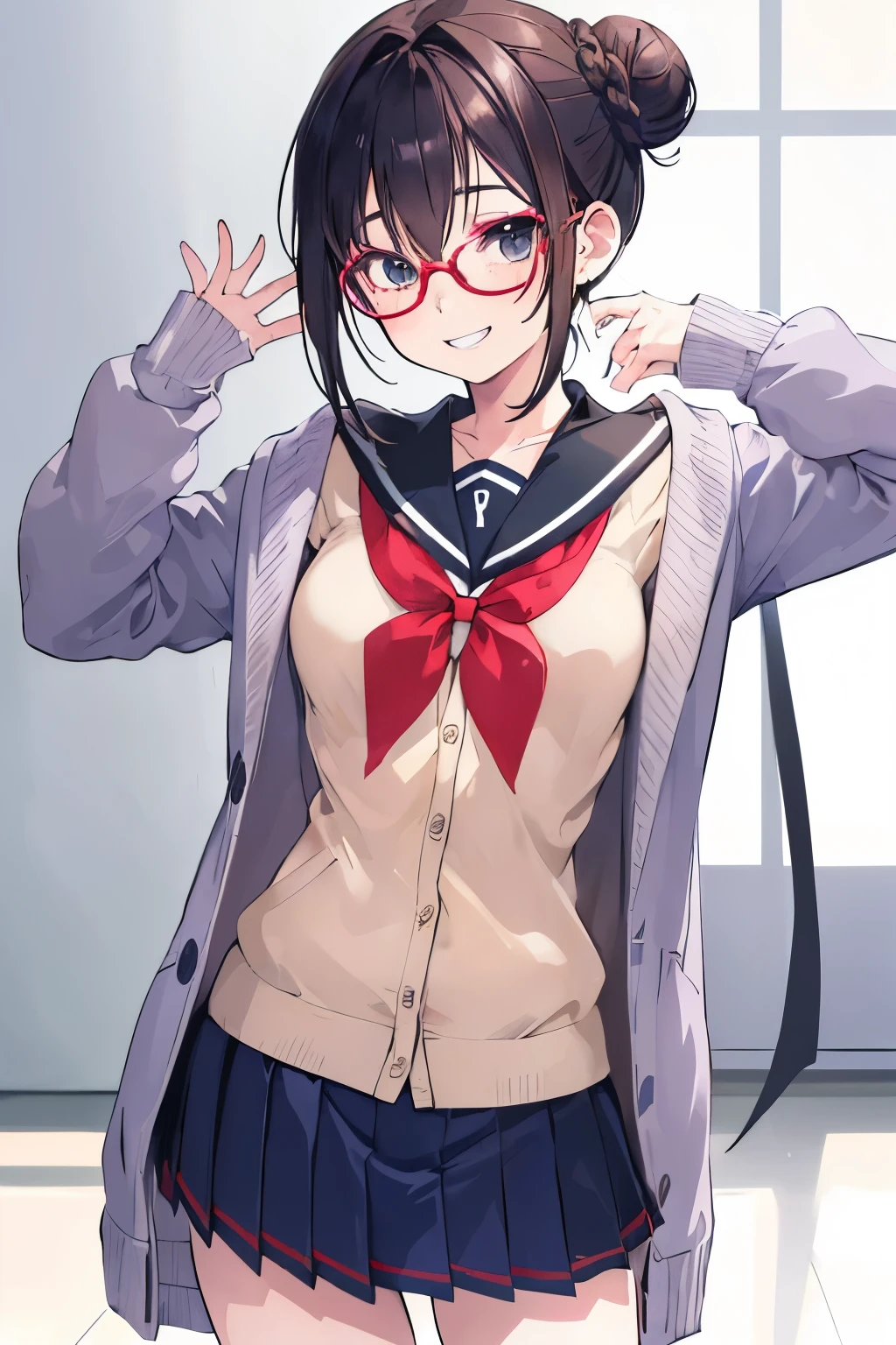 (animesque:1.3), Extreme refinement, 1girl in, playful grin, college uniform, hair in bun, dark hair, mole on cheek, freckles, short pleated skirt, cardigan, glasses, shoujo, 2000’s anime style ( body) (perky breasts) (small waist)