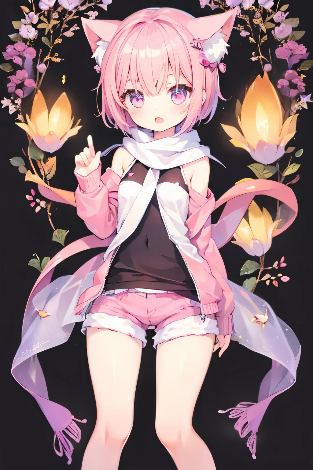 NSFW,Very beautiful and shining eyes、shining eyes、1 girl、small breasts、big mouth、small breasts、Cat ear、Transparent pink short hair、scarf、hot pants、7 year old girl、childish clothes