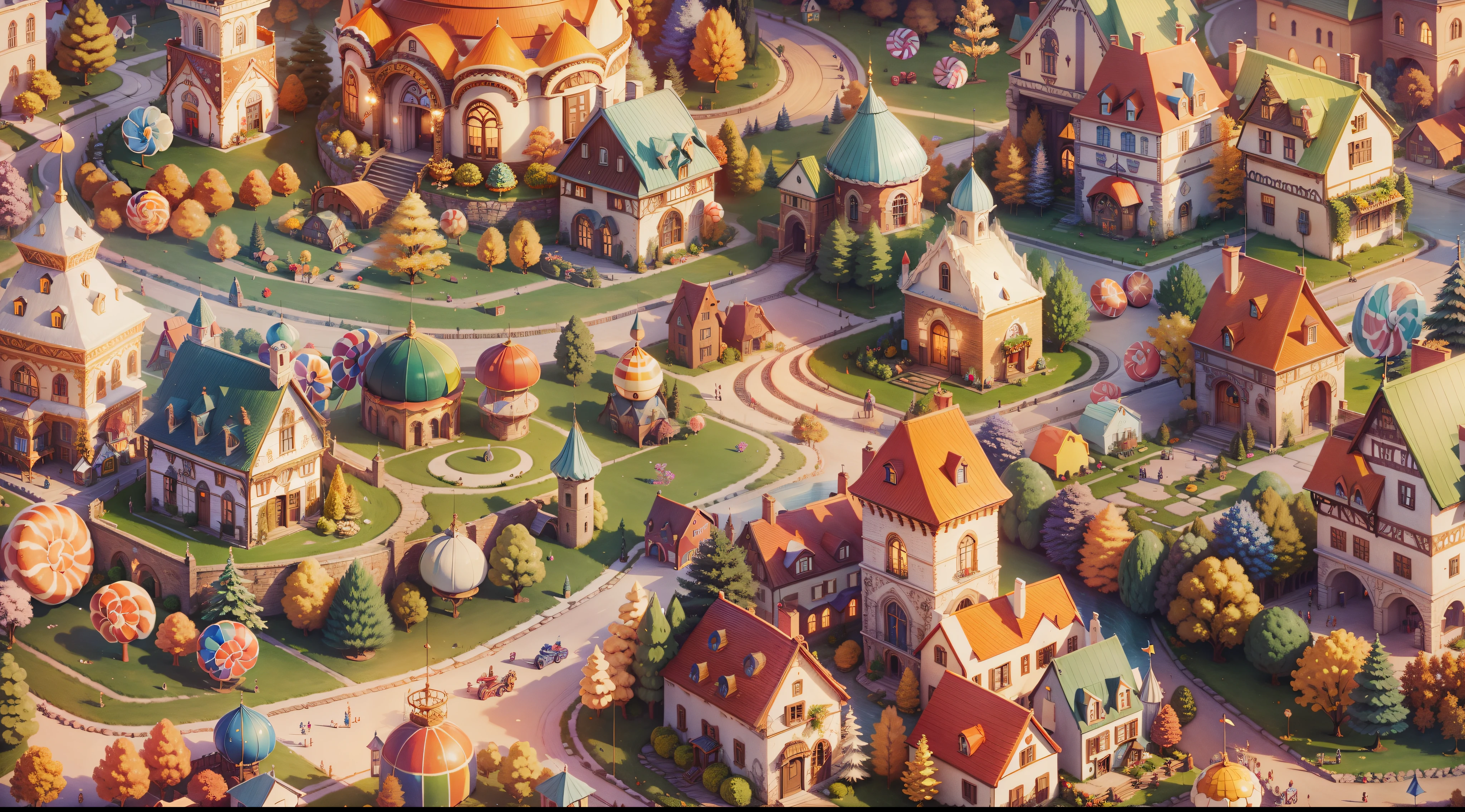 Fairy tale picture book，Mid-air，Ultra wide angle viewing angle，Fairy tale town，many candy houses，iris，plant，high quality，16K resolution，（best quality），（masterpiece），Super detailed，detailed details，Super detailed，Super real photos，Overclocked renderer，precise