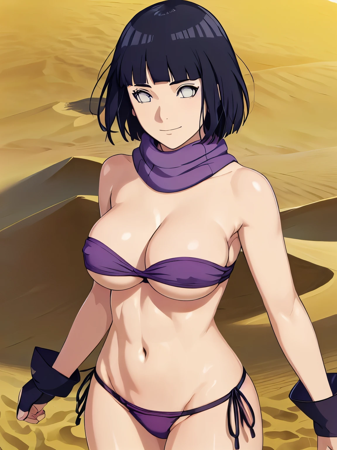 (hinata\(boruto\), (high quality, anime, tall, majestic appearance, arm belt), ((mini purple Bandeau top, tight purple Bandeau top)), ((fingerless gloves, black thong, black scarf, gold belt)), (scratching, (both armpits in full glory, two armpit line, groin, reflecting skin, shining skin), curvy body, extremely slim waist, off-shoulders, big breasts with perky covered nipples, cleavage, groin lines, little biceps, smile, closed mouth, outie navel), (posing in photoshoot), pale skin, ((floating hair, dark blue, short hair, hime cut، loose hair), (location: very hot desert and some dunes)
