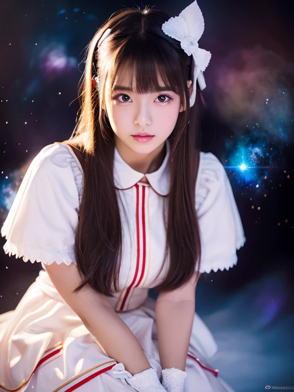 4k ultra high definition, masterpiece, A girl with a magical aura, Good face, long hair, shiny hair, delicate eyes, glossy lips, Wearing red lolita costume, The aura around the body, magical effect, Spread white light, Cosmic elements and ethereal atmosphere, A mix of bright lights and colorful nebulae, space background, sitting, whole body capture.