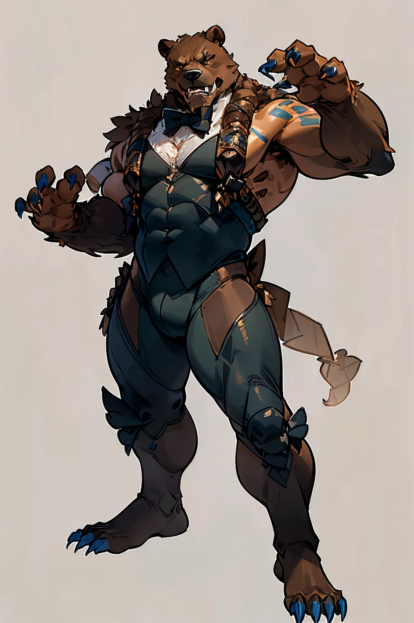 (best quality, masterpiece:1.2), 1man, werebear, ((full body)), standing, fighting stance, ((ferocious face)), ((thick brown fur, brown hands)), (((brown claws, brown shoulders))), male chest, hair on chest, black eyes, scars on body, muscular body, ((fancy suit, black suit with red bowtie))