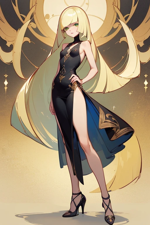 ((highest quality)), ((masterpiece)), (be familiar with), Lusamine,Slender,slender,long blonde hair,small breasts,erect nipples,adult women,green eyes,slanted eyes,sleeveless dress,black dress,Golden embroidery,long skirt,high heels,Bewitching