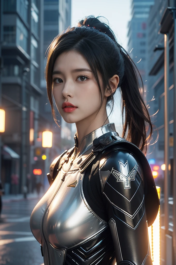 game art,best picture quality,Highest resolution,8k,((A half-length photo)),((portrait)),(rule of thirds),Unreal Engine 5 rendering works, (Future girl),(female warrior), 22-year-old young hacker),(ancient oriental hairstyle),(Beautiful eyes full of details),(big breasts),(eye shadow),Elegant and charming,indifferent,((frown)),(Combat suit full of futuristic technology,The costume combines futuristic power armor and,Clothing is decorated with glittering patterns and emblems),cyberpunk characters,in the style of futuristic, photo poses,city background,lamp,Ray tracing,Game CG,((3D Unreal Engine)),OC rendering reflection pattern