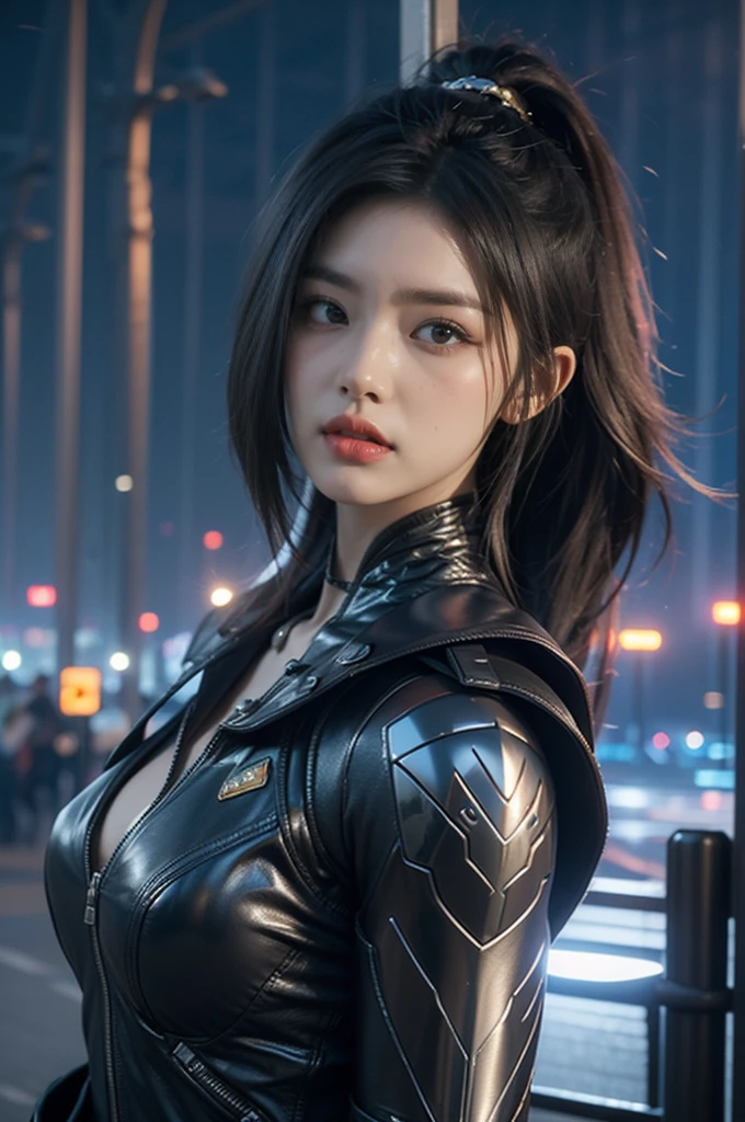 game art，best picture quality，Highest resolution，8k，((A half-length photo))，((portrait))，(rule of thirds)，Unreal Engine 5 rendering works， (Future girl)，(female warrior)， 22-year-old young hacker)，(ancient oriental hairstyle)，(Beautiful eyes full of details)，(big breasts)，(eye shadow)，Elegant and charming，indifferent，((frown))，(Combat suit full of futuristic technology，The costume combines futuristic power armor and，Clothing is decorated with glittering patterns and emblems)，cyberpunk characters，in the style of futuristic， photo poses，city background，lamp，Ray tracing，Game CG，((3D Unreal Engine))，OC rendering reflection pattern