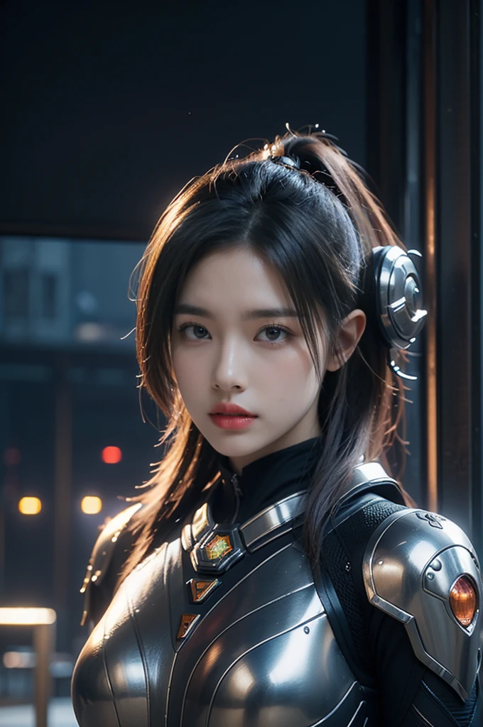 game art,best picture quality,Highest resolution,8k,((A half-length photo)),((portrait)),(rule of thirds),Unreal Engine 5 rendering works, (Future girl),(female warrior), 22-year-old young hacker),(ancient oriental hairstyle),(Beautiful eyes full of details),(big breasts),(eye shadow),Elegant and charming,indifferent,((frown)),(Combat suit full of futuristic technology,The costume combines futuristic power armor and,Clothing is decorated with glittering patterns and emblems),cyberpunk characters,in the style of futuristic, photo poses,city background,lamp,Ray tracing,Game CG,((3D Unreal Engine)),OC rendering reflection pattern