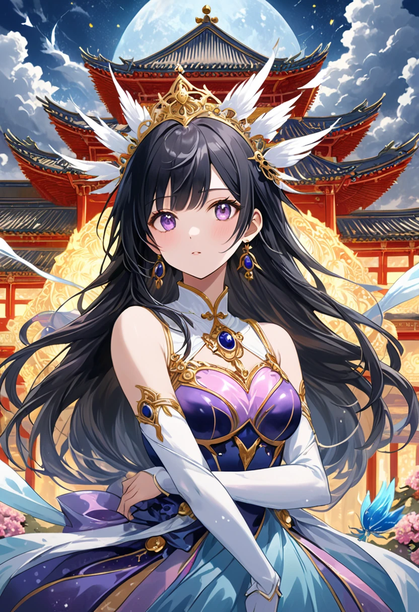 (Magical girl:1.8)，1 female，（Violet dress），flowing tulle，Beautiful and elegant woman，Ride the majestic Phoenix，Soar into the clouds。The wind gently lifts her robe，As they gracefully passed through the ethereal cloudscape，The sense of fLight is highLighted，((Cloudy)),A Song of Ice and Fire，official art，Very detailed，masterpiece，best quality，（Very detailed的CG统一8K壁纸），（best quality），（Best Illustration），（best shadow），Very detailed的图片，entire character，photorealism，Surrealism，young woman，Oval face，（delicate fingers），Seductive eyes，Little mouth，flowing long black hair，crown of thorns，（8K， The original， professional， best quality， masterpiece：1.2）， （realistically，realistically：1.37）， Super detailed， （portrait）， （Skin in the highest detail：1.2）， （Facial details are richest：1.2）， Light，((Oriental Palace))，(((The ancient Forbidden City)))，(The majestic Great Wall)，Magical oriental Taoist elements，Bagua patterns with magical power，Tai Chi Yin Yang Fish Totem，((Taoist Tai Chi Yin Yang Bagua chart;1.2)),((magnificent palace)),The palace is decorated with ice, Add visual drama to a scene. Capturing the beautiful combination of girly dance and wildness, Flying ice flowers, evoke a sense of power, vitality, 以及大自然The original能量的美丽.Delicate character art in poetry，Stunning character art，FAN Qi，Wu Zhun Shifan，发Light精灵，宫殿theme的华丽元素。mysterious city，Beautiful village，surrounded by flowers，巧妙地被firefly包围，（"town" theme），（leaf），（branch），（firefly），（particle effect）and other 3D， octane rendering，Light线追踪，super detailed