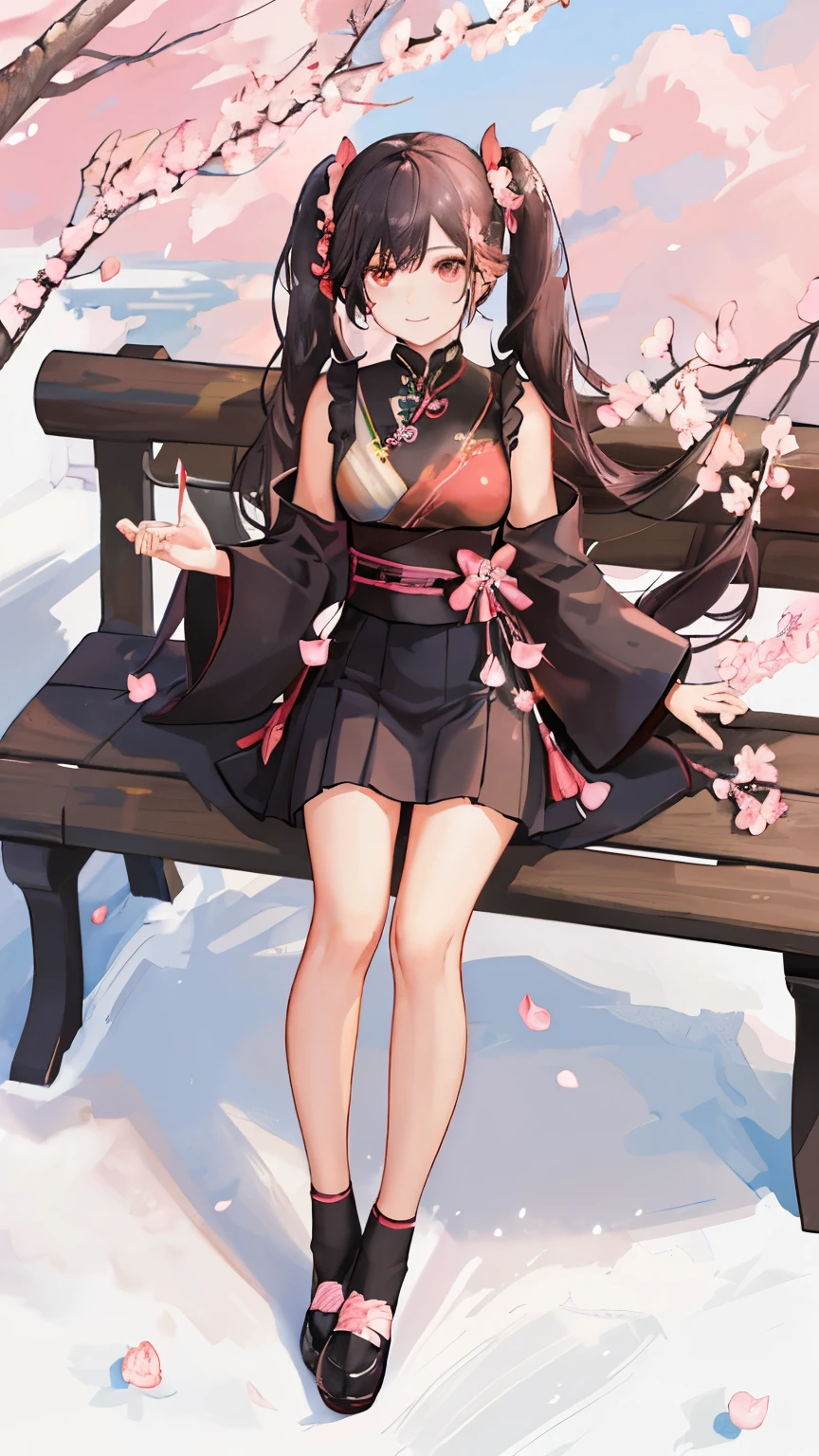 ((Best Masterpiece, Best Quality, Best Quality)),(Japanese very beautiful girl 20 years old),(High nose),(Long bangs),((Smile)),Twin tails hair,((Night park))),((Cherry blossom row),((Seating)),Look at the viewer, (Slender Body),((Black cheongsam with cherry blossom pattern))),(Mini skirt),((Cherry blossom petals dance, cherry blossom blizzard)) ),(((Super detailed night scene background)),(((Perfect limbs)),