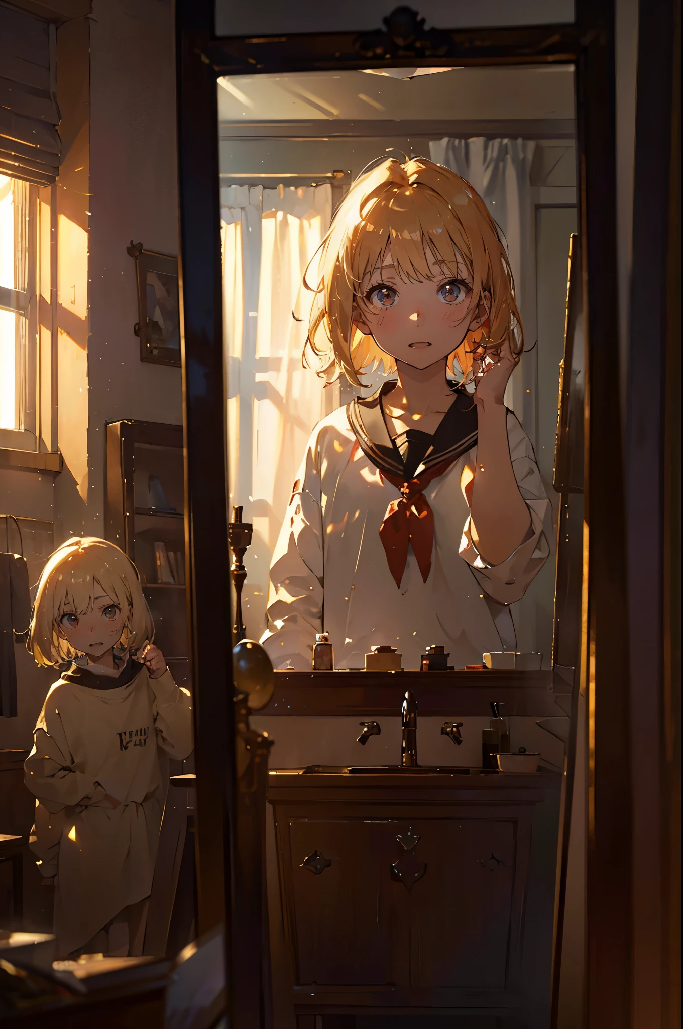(masterpiece), (best quality), masterpiece, best qualityabsurdres, higres, ultra detailed, face focus, solo, washroom, indoors, upper body,  pov,
1girl, forehead, hawawa, open mouth, !?, (hands on own head:1.2), surprised, red eyes, black hair, black serafuku, long sleeves, ((((looking at mirror)))),
cinematic lighting, depth of field, HDR, ray tracing, perfect hands, 
, surprised, New semester, (blond hair), Waking up, Bed head, Bed hair, ((panic)), 