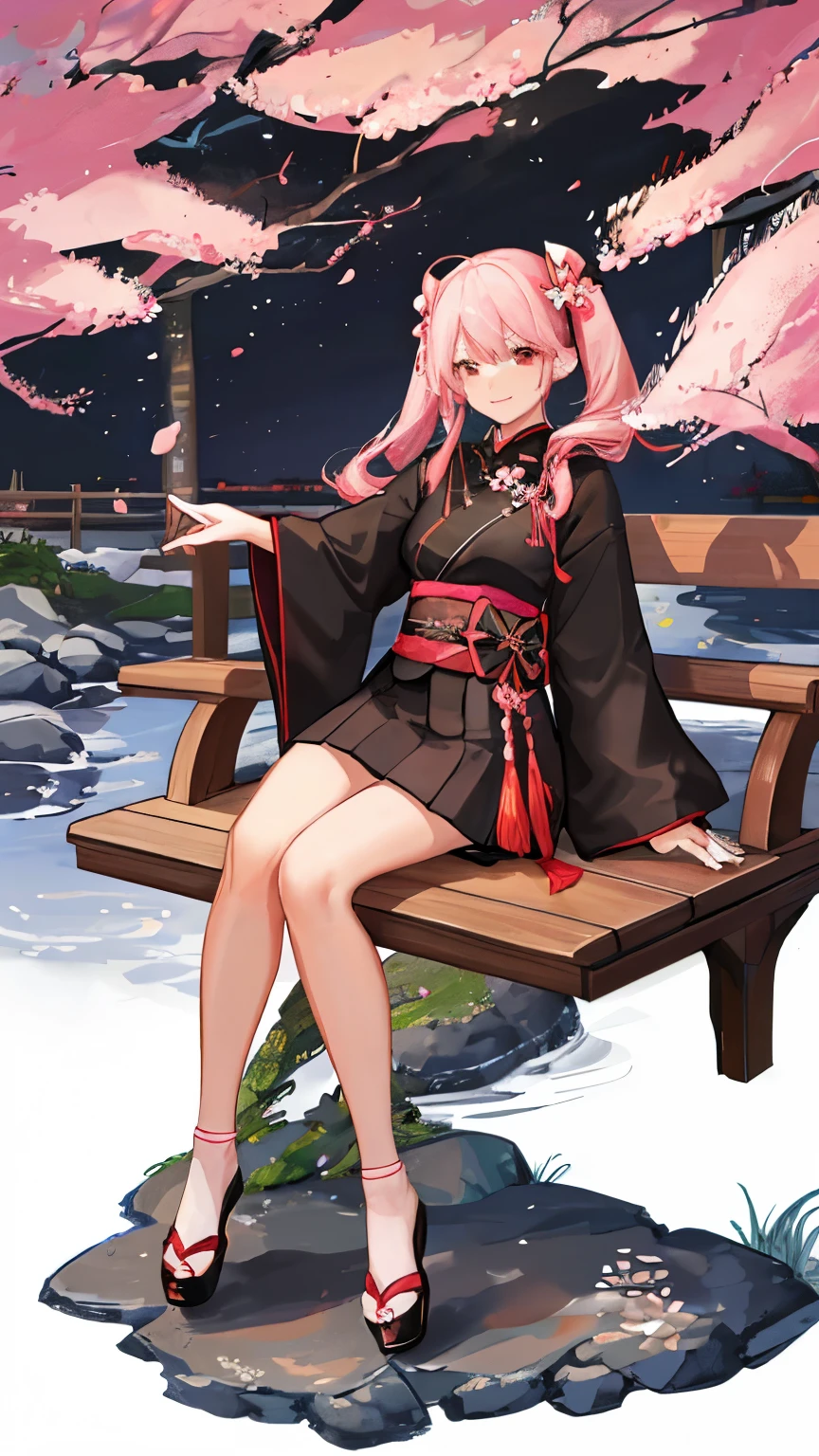 ((Best Masterpiece, Best Quality, Best Quality)),(Japanese very beautiful girl 20 years old),(High nose),(Long bangs),((Smile)),Twin tails hair,((Night park))),((Cherry blossom row),((Seating)),Look at the viewer, (Slender Body),((Black cheongsam with cherry blossom pattern))),(Mini skirt),((Cherry blossom petals dance, cherry blossom blizzard)) ),(((Super detailed night scene background)),(((Perfect limbs)),