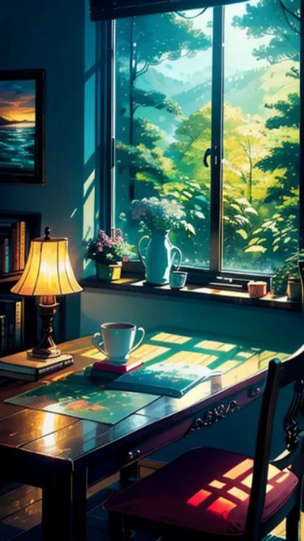 Cozy room, table, bed, many books, paintings, view from the window of the forest, sea, happiness, full color, multicolored, artificial, highest detail, super quality, small details, glare, neon lights, masterpiece, illustration, daylight, huge room, huge windows, stained glass windows