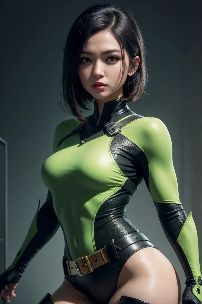 beautiful japanese young woman, extreme detailed, bodysuit, gloves, belt, thigh boots, (valorantViper:1.2), bodysuit, gloves, belt, thigh boots, respirator, looking at viewer, face, portrait, close-up, green, slender, (combat ready stance), (tactical outfit), (solo character), (gaming theme:1.5), short hair, green, (black hair), (milittary gear), (gas mask:0.4), (poisonous green:1.2), (glowing effects),