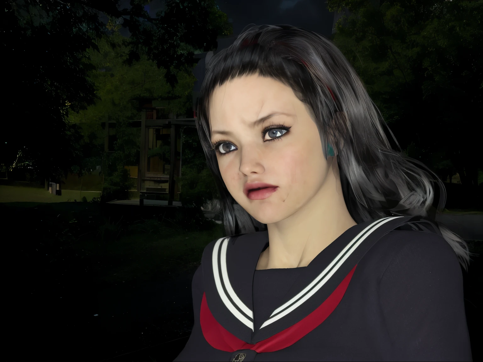 grumpy face、Mushy、((anger))、(8K, highest quality, masterpiece:1.2), (realistic, photo-realistic:1.37), Super detailed,highest quality, ultra high resolution, professional lighting, photon mapping, radio city, Physically based rendering, cinematic lighting, late night path,Depth of written boundary, sharp focus,sunbeam,1 girl,alone,(whole body), (closed mouth),fine and beautiful eyes, temporarily stop, tight waist,Japanese high school girl, black hair,messy hair,swollen face、Abandoned school building at night、