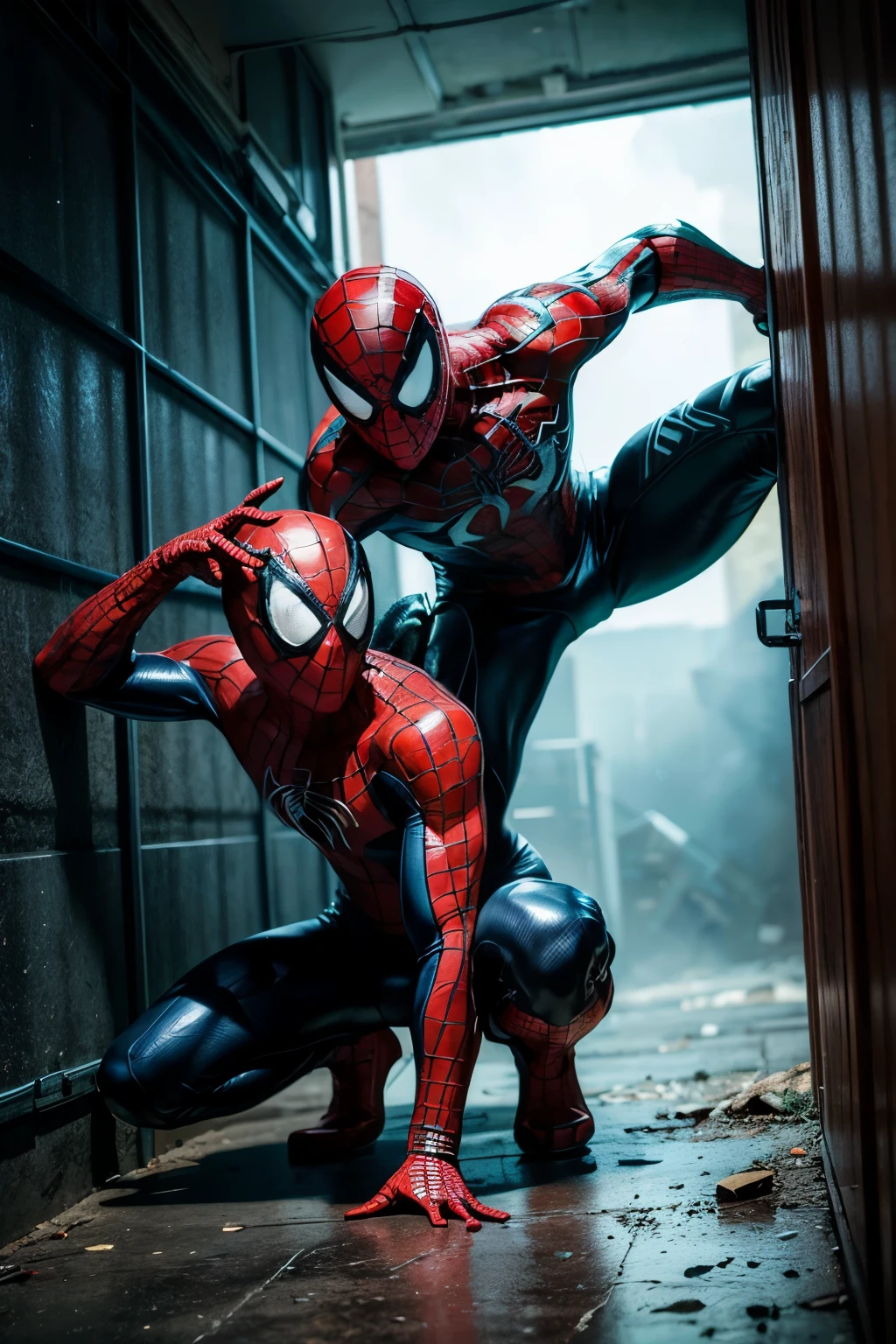 ((best quality)), ((masterpiece)), (detailed), Spiderman vs Venom in a apocalypse