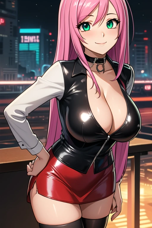 1 girl, 19 years old, Long pink hair, green eyes with slit pupils, master-piece, best quality, (standing up), (long sleeve), (red long sleeve shirt), (red v-neck crop t-shirt, black leather pencil mini skirt, heels, cleavage),  (Big , ultra gigantic , Super super big, Glamorous body), Make eye contact with the camera, front figure, looking forward, (light_Smile:1.5), (Detailed hands and fingers:1.2) (Cyberpunk City), (FULL BODYSHOT), thighs thighs thighs thighs、beauty legs、