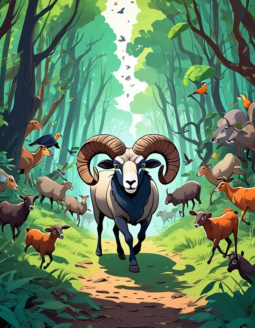Ram walking through a dense forest, filled with various animals and birds, with a sense of curiosity on his face. Cartoon style
