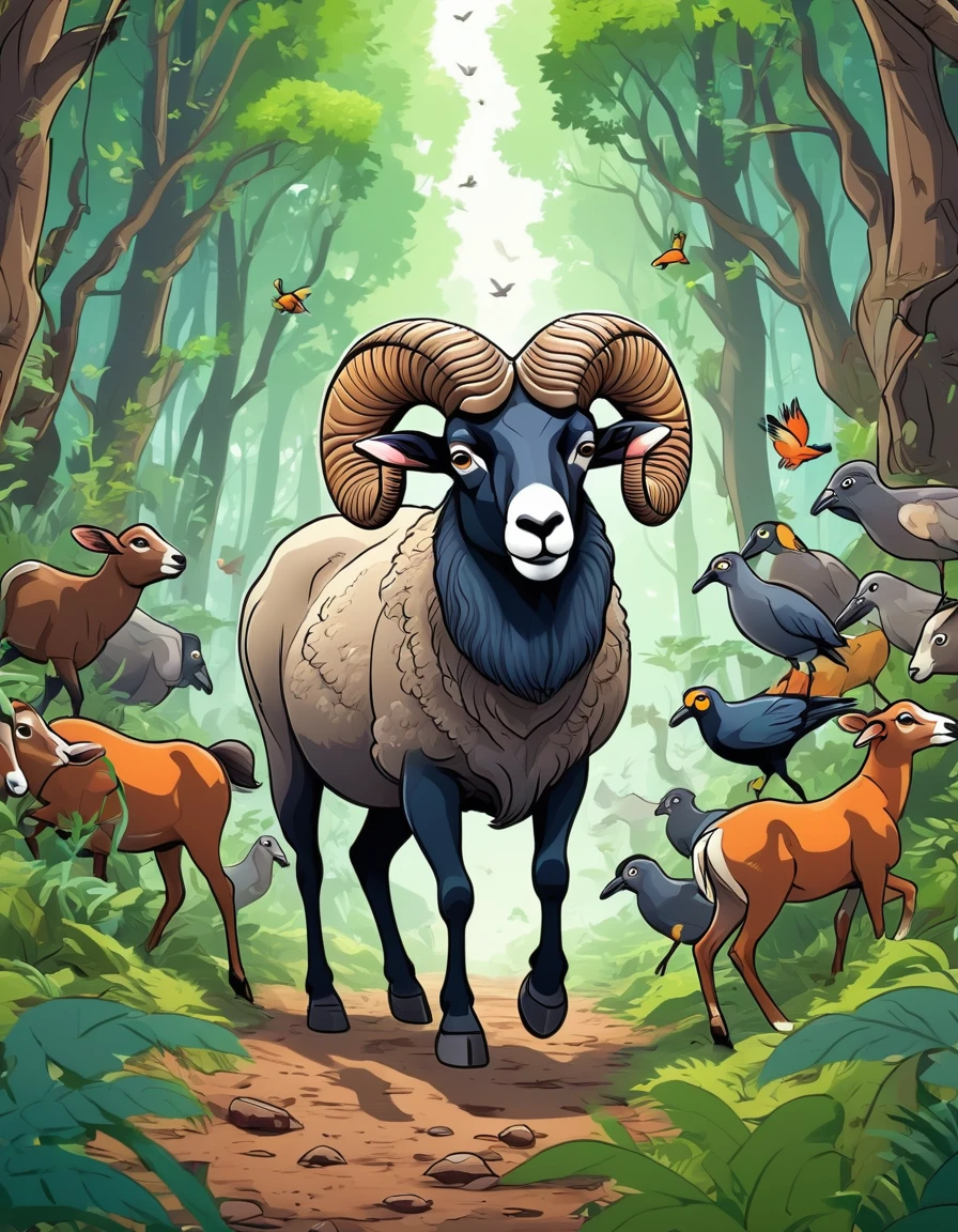 Ram walking through a dense forest, filled with various animals and birds, with a sense of curiosity on his face. Cartoon style