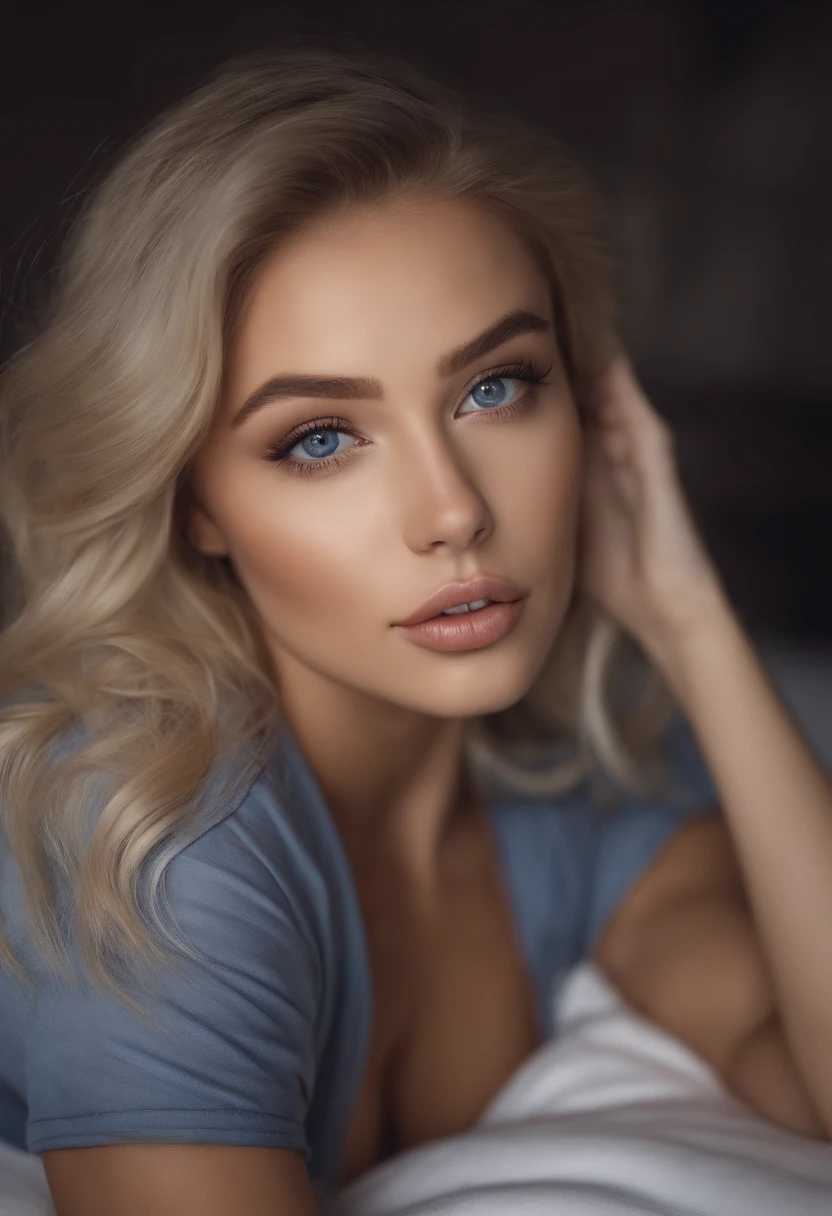 arafed woman fully , sexy girl with blue eyes, ultra realistic, meticulously detailed, portrait sophie mudd, blonde hair and large eyes, selfie of a young woman, bedroom eyes, violet myers, without makeup, natural makeup, looking directly at the camera, face with artgram, subtle makeup, stunning full body shot kneeling on bed, in club, large size bust. IN the blud