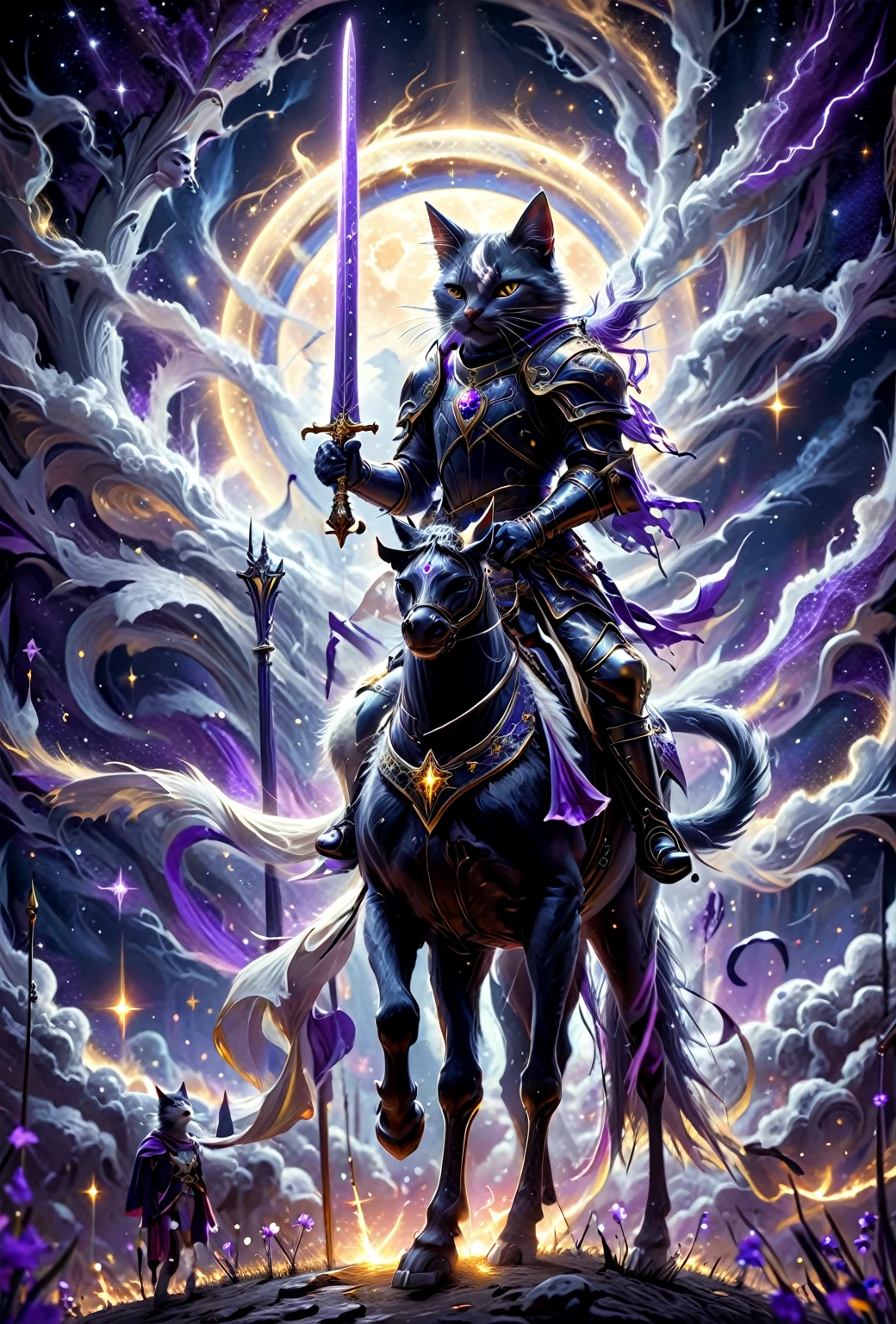 Surrealism, Star光环, Monochrome in the bright embrace of moonlight serenade, (1 stray cat knight), Wearing richly decorated cavalry uniform,(The cat knight holds a sword in his hand),Deep purple accents capture the whispers of the night, Riding on his trust (White steed:1.2), A horse gallops quietly on the whispering plain. Sitting proudly in the saddle, Compared, Tone, texture, detailed, Star, Colorful halo, Vibrant energy, expressive, dramatic, organic lines and forms, dreamy and mysterious, Surrealism