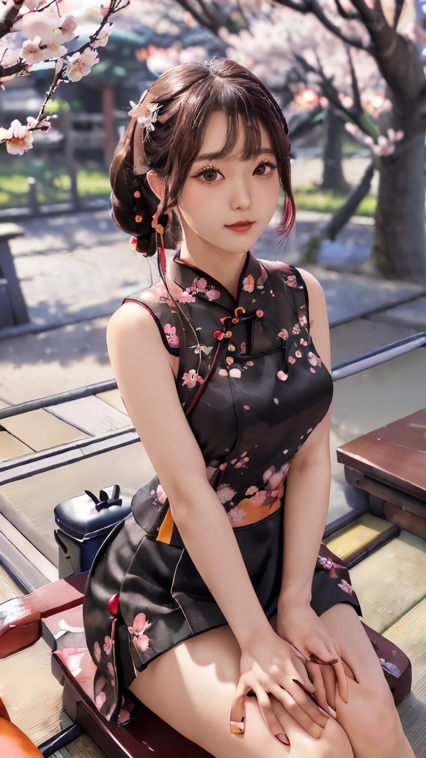 ((finest masterpiece, Highest quality, Highest quality)),(Japanese Idols:1.6),(Long bangs),Twin tail hair,((Night Park))),((Cherry blossom trees),((seat)),View your viewers, (Slender body),((Black Chinese dress with cherry blossom pattern))),(mini skirt),((Cherry blossom petals fluttering, SakuraFubuki)) ),(((Highly detailed night view background)),(((Perfect limbs)),