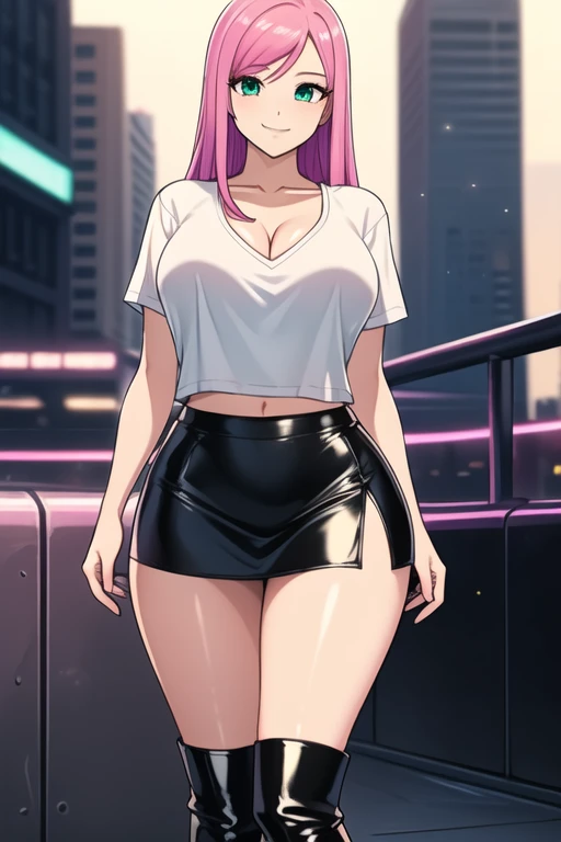 1 girl, 19 years old, Long pink hair, green eyes with slit pupils, master-piece, best quality, (standing up), (white crop blouse), (tight short sleeve white crop blouse, black pencil mini skirt, cleavage), (Big , ultra gigantic , Super super big, Glamorous body), Make eye contact with the camera, front figure, looking forward, (light_Smile:1.5), (Detailed hands and fingers:1.2) (Cyberpunk City), (FULL BODYSHOT), thighs thighs thighs thighs、beauty legs、Bare legs
