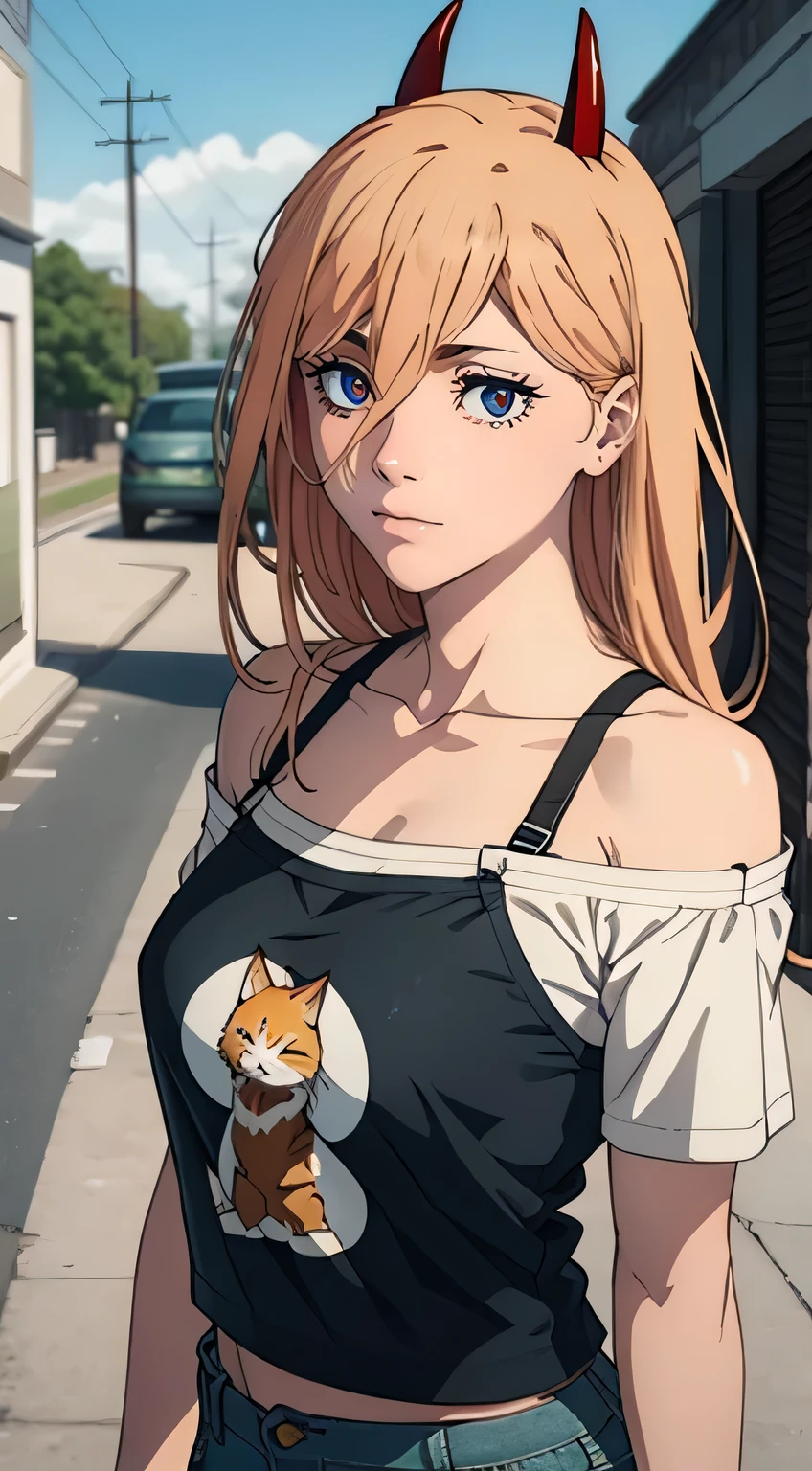 Masterpiece, Highly detailed, Best Quality, extra high resolution, 1girl, Horns, hairlong, looking a viewer, Average Breasts,, En plein air, power (chainsaw man), Day, blusher, Smile, blue jacket, pants, horns demon, Yellow eyes, cross-shaped pupils, Shirt, Hair between the eyes, Black pants, (off-the-shoulder:1.3), (partially_unbuttoned:1.2), White shirt Ultra transparent, Chainsaw Man Energy, Two red sharp horns on the head, ultra sharp image, Ultra Beautiful, little chest. hairlong, blonde woman, Beautiful figure, taut clothes, T-shirt with the image of a cat, jean shorts, Shoes, bright yellow eyes, Red crosses and circles instead of pupils, handsome body, sexy clothes, Beautiful eyes, very detailed eyes, Very detailed face, handsome body, Cherecter Desing, Very detailed, Detailed body, Detailed hands, Detailed, Vibrants, Detailed Face, sharp-focus, WLOP, artgerm, anime art, Vibrants, Detailed Face, Hugh Details, sharp-focus, Very drooping face, A detailed eye, super fine illustration, better shadow, finely detail, Beautiful detail