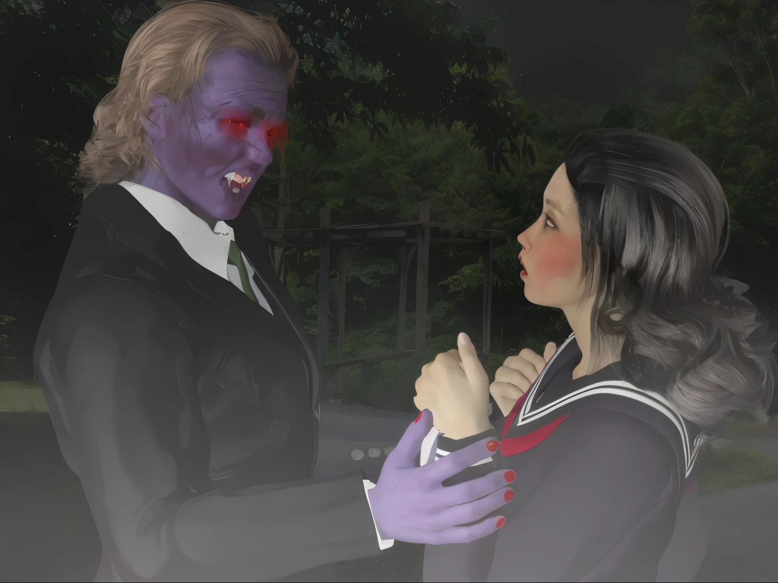 ((27 years old, open eyes)), (8K, top quality, masterpiece: 1.2), (red eyes)), (very desperate expression, red eyes, very frightened), ((tears, distressed face, bitterly crying face, sharp long vampire fangs in open mouth))