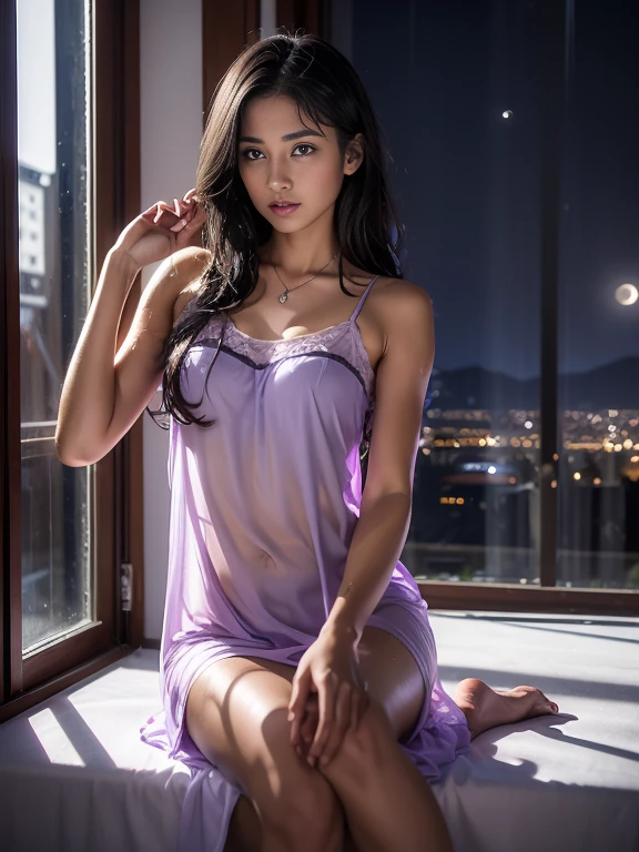 (Photoreal Stick:1.5, masutepiece:1.5, 8K), (top-quality, masterpiece, 超A high resolution), Perfect dynamic composition, Professional camera work:1.4, Highly detailed skin and facial texture:1.3, Mystical portrait:1.3, Grow Light Effect, The ultra-detailliert, 1girl in, ((Night view from inside the building, Pitch black room:0.9, The moonlight at night shines through the glass)), (Transparent Light purple nightgown), Model body type, Clear face, (Beautiful and seductive eyes:0.9, Enraptured look:1.0, i love you completely:0.8, A mouthfeel that feels beautiful eros:0.7), (Wet dark brown medium hair), (Small Breasts), candles, a necklace, (Leaning against the window, Sit up), ((seductive, Functional))