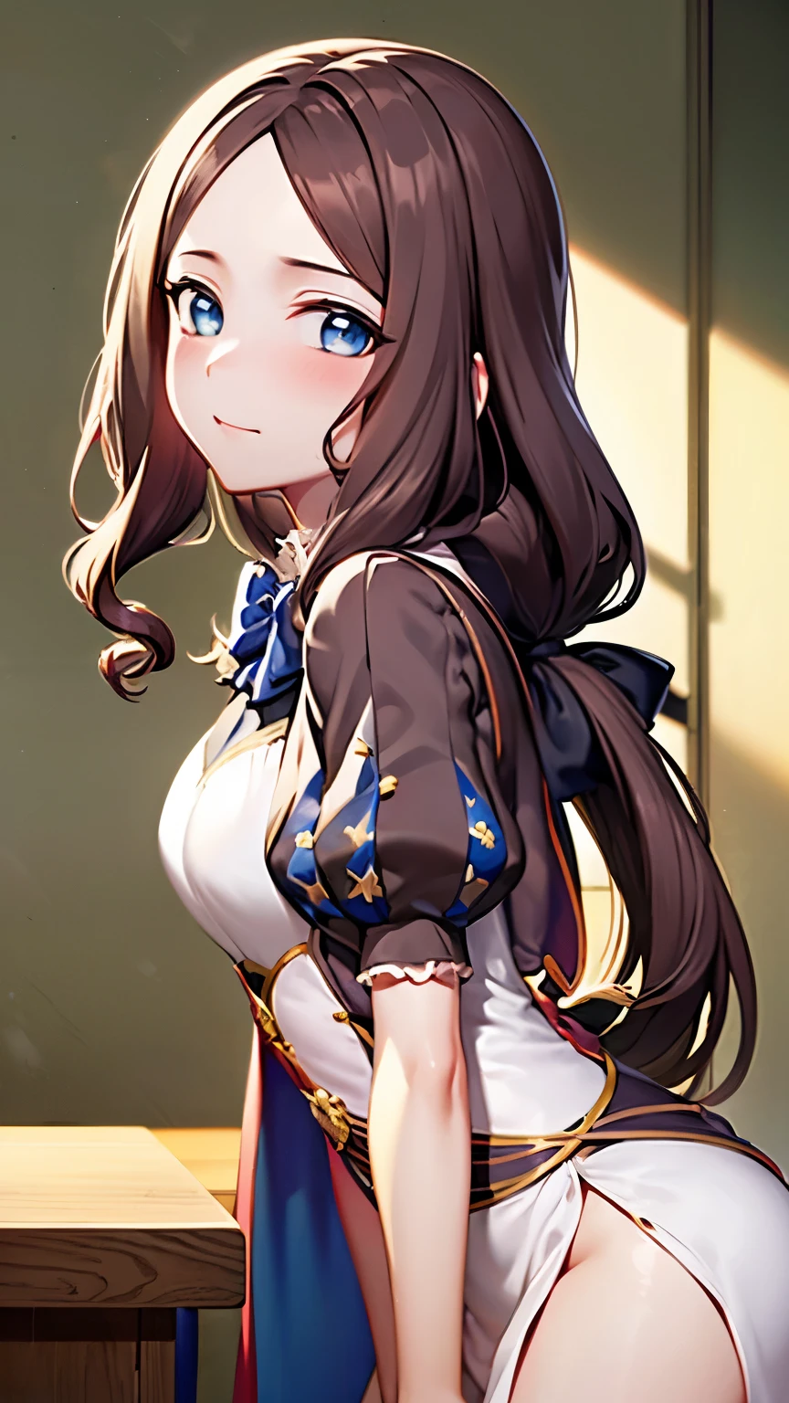 ((masterpiece, I understand the quality, High resolution, 超High resolution, pixel perfect, Depth of the bounds written, 4k, RTX, high dynamic range)), 1 girl, single, alone, 24-years-old, beautiful anime girl, beautiful art style, leonardo da vinci \(destiny\), ((long hair, bangs, brown hair, curl)), (blue eyes:1.4, round eyes, beautiful eyelashes, realistic eyes), (detailed face, blush:1.2), (smooth texture:0.55, lively質感:0.65, lively:1.2, cinematic, Anime CG style), medium breasts, perfect body, Plump, (dynamic angle, view, close), (indoor、medieval buildings), ((summer, autumn, Natural light, sunrise)), sly smile