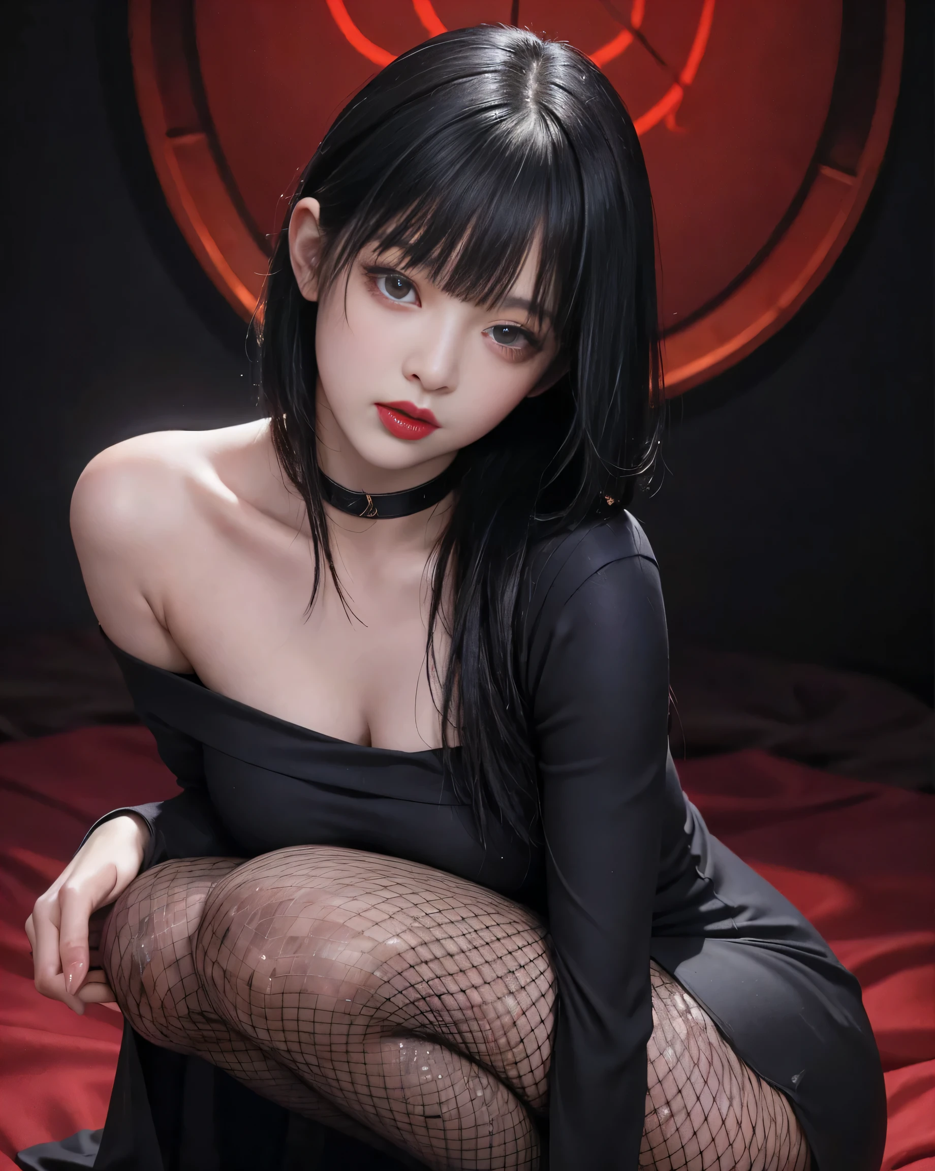 NSFW, (highest quality,High resolution),(realistic:1.37),dark,goth,woman, eye,detailed face,black clothes,bob cut black hair,straight bangs,pale skin,red lipstick,intense expression,mysterious atmosphere,gothic background,thin dark lighting,night,Bright colors, fishnet, topless, whole body, on her hands and knees, Obedient girl, thick thighs, Impending deepthroat, Cumshot pose,