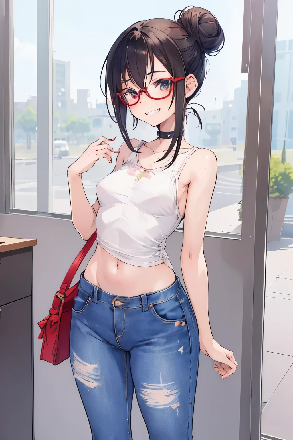 (animesque:1.3), Extreme refinement, 1girl in, playful grin, cute casual outfit, jeans, shorts, sexy, hair in bun, dark hair, mole on cheek, freckles, glasses, shoujo, 2000’s anime style ( body) (perky breasts) (small waist)