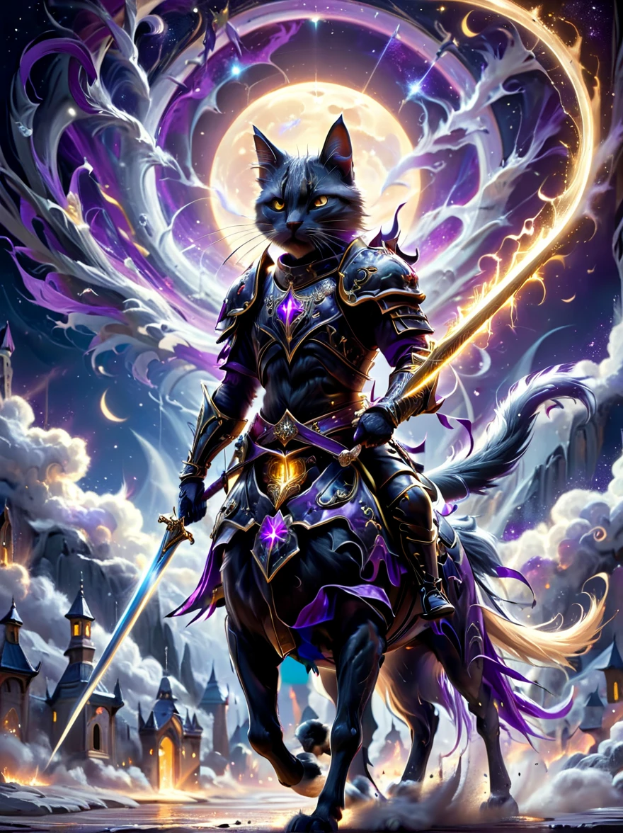 Surrealism, Star光环, Monochrome in the bright embrace of moonlight serenade, (1 stray cat knight), Wearing richly decorated cavalry uniform,(The cat knight holds a sword in his hand),Deep purple accents capture the whispers of the night, Riding on his trust (White steed:1.2), A horse gallops quietly on the whispering plain. Sitting proudly in the saddle, Compared, Tone, texture, detailed, Star, Colorful halo, Vibrant energy, expressive, dramatic, organic lines and forms, dreamy and mysterious, Surrealism