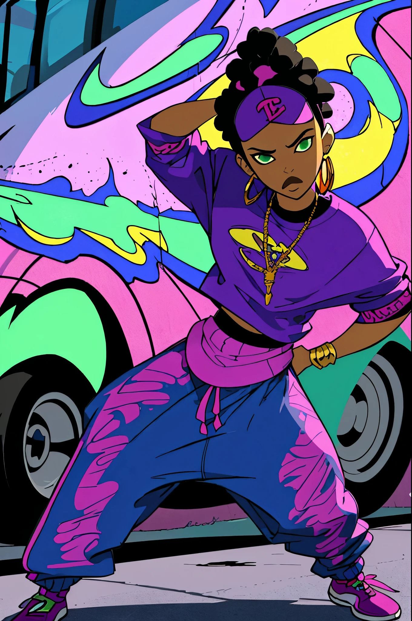 (Prompt generation has no actual order requirement，The following is just an example)
A purple hip hop-style Afro-Brazilian gangster girl with ghetto car in the background.
(ultra-detailed, realistic:1.37), portraits, urban art style, vibrant colors, dynamic lighting, hip hop fashion,baggy creased streetwear, confident  bitchy rude expression, gold jewelry, braided hair, street dance moves, sunglasses,vibrant atmosphere kim possible edg90hh
wearing edg90hh_clothing