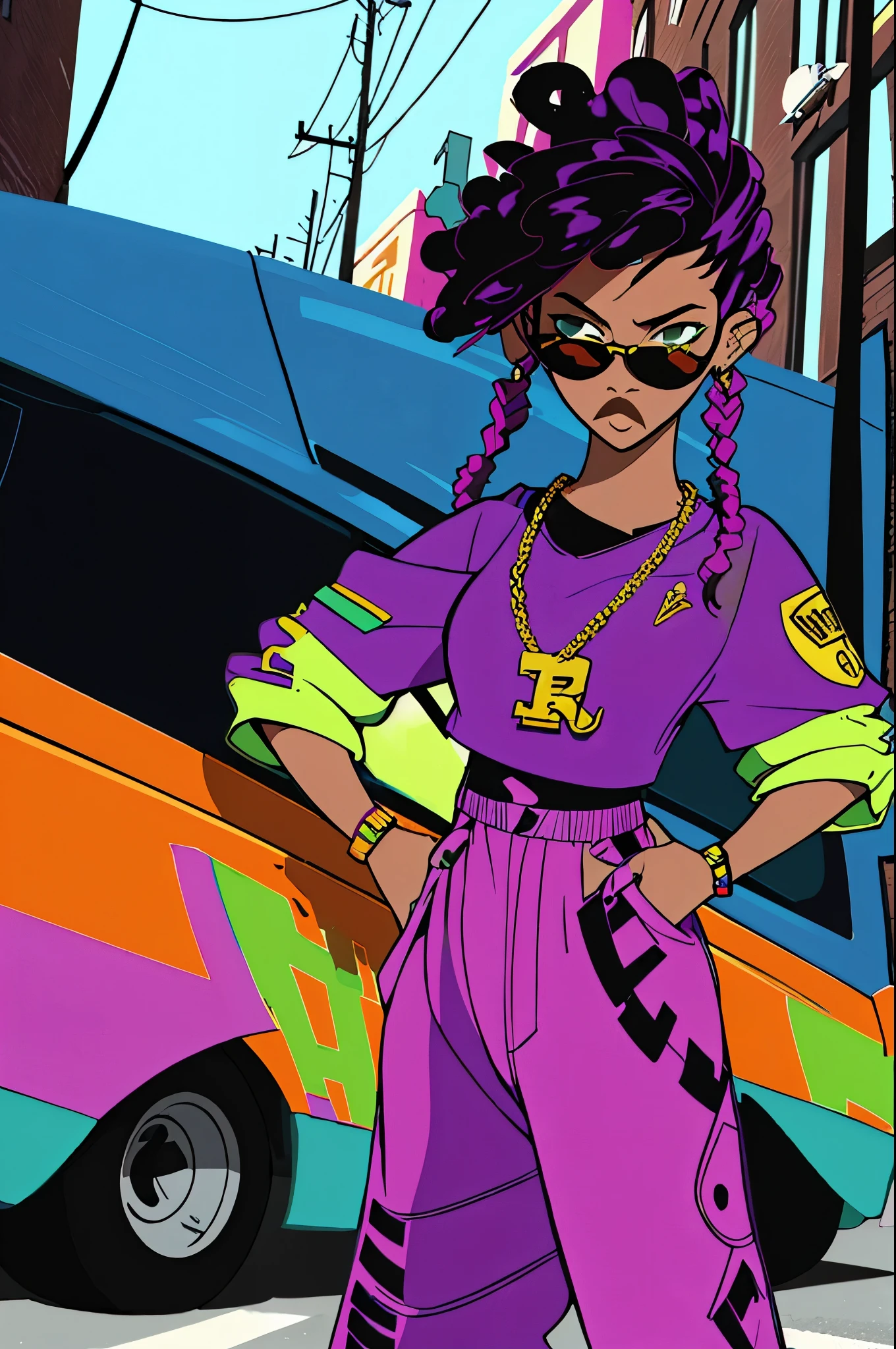 (Prompt generation has no actual order requirement，The following is just an example)
A purple hip hop-style Afro-Brazilian gangster girl with ghetto car in the background.
(ultra-detailed, realistic:1.37), portraits, urban art style, vibrant colors, dynamic lighting, hip hop fashion,baggy creased streetwear, confident  bitchy rude expression, gold jewelry, braided hair, street dance moves, sunglasses,vibrant atmosphere kim possible edg90hh
wearing edg90hh_clothing