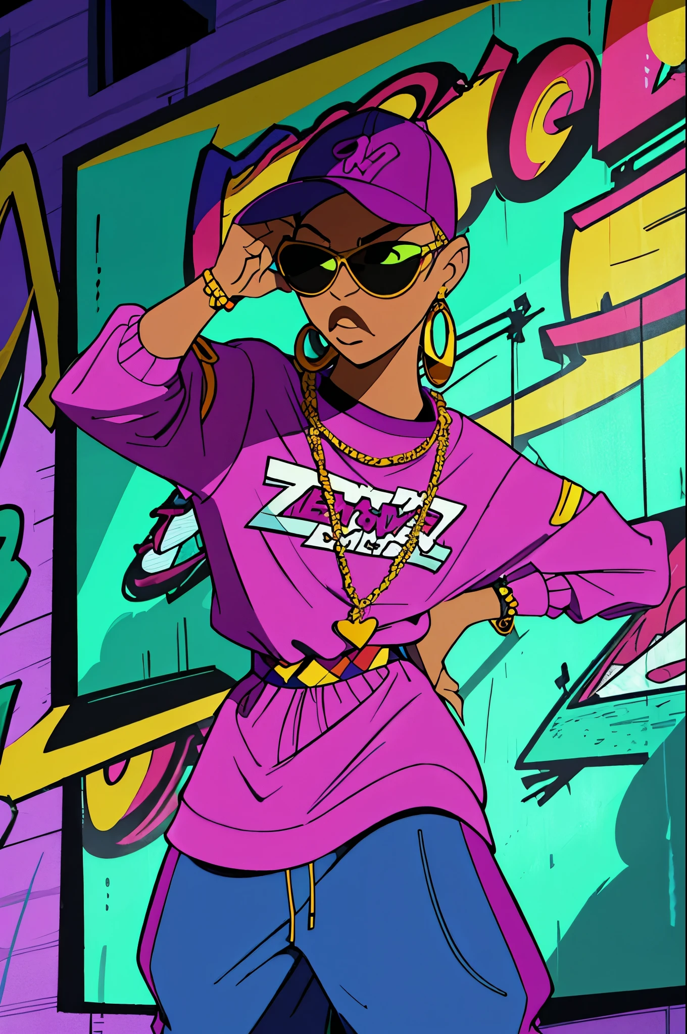 (Prompt generation has no actual order requirement，The following is just an example)
A purple hip hop-style Afro-Brazilian gangster girl with ghetto car in the background.
(ultra-detailed, realistic:1.37), portraits, urban art style, vibrant colors, dynamic lighting, hip hop fashion,baggy creased streetwear, confident  bitchy rude expression, gold jewelry, braided hair, street dance moves, sunglasses,vibrant atmosphere kim possible edg90hh
wearing edg90hh_clothing