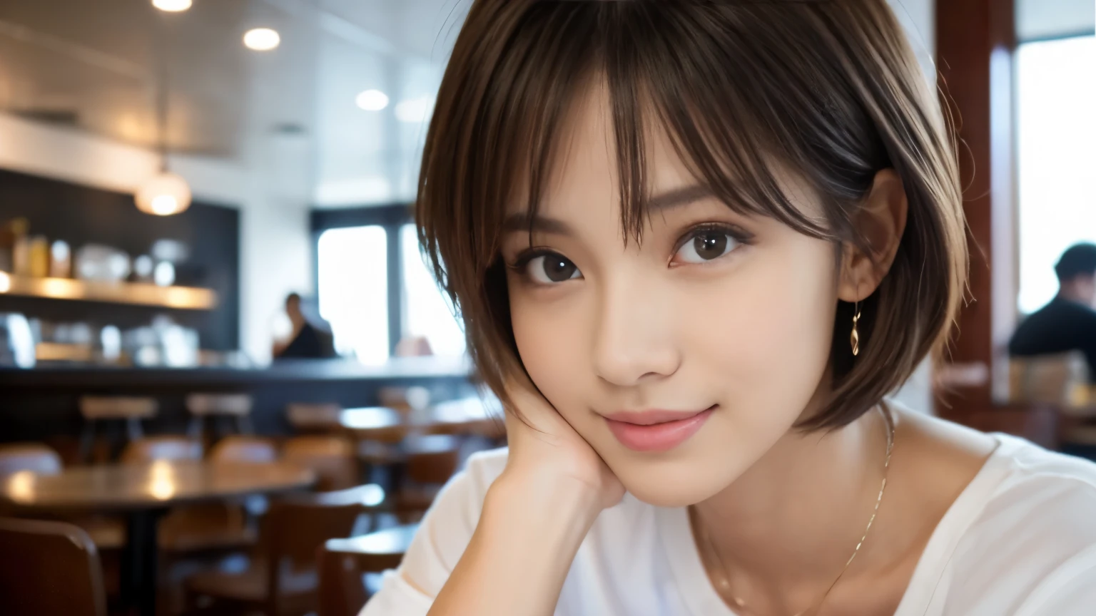 (highest quality,8K quality,masterpiece:1.3,),(超A high resolution:1.3,Photoreal:1.4,RAW photo:1.2),(super detailed:1.2,shiny skin,fine skin:1.1),(detailed face,perfect anatomy,caustics:1.2),stylish cafe,1 girl,cute,Japanese,22 years old,Natural brown hair,curl short hair outwards,cute目,natural makeup,oversized t-shirt,laughter,look at the camera,Shot in a café,professional lighting,natural soft light,