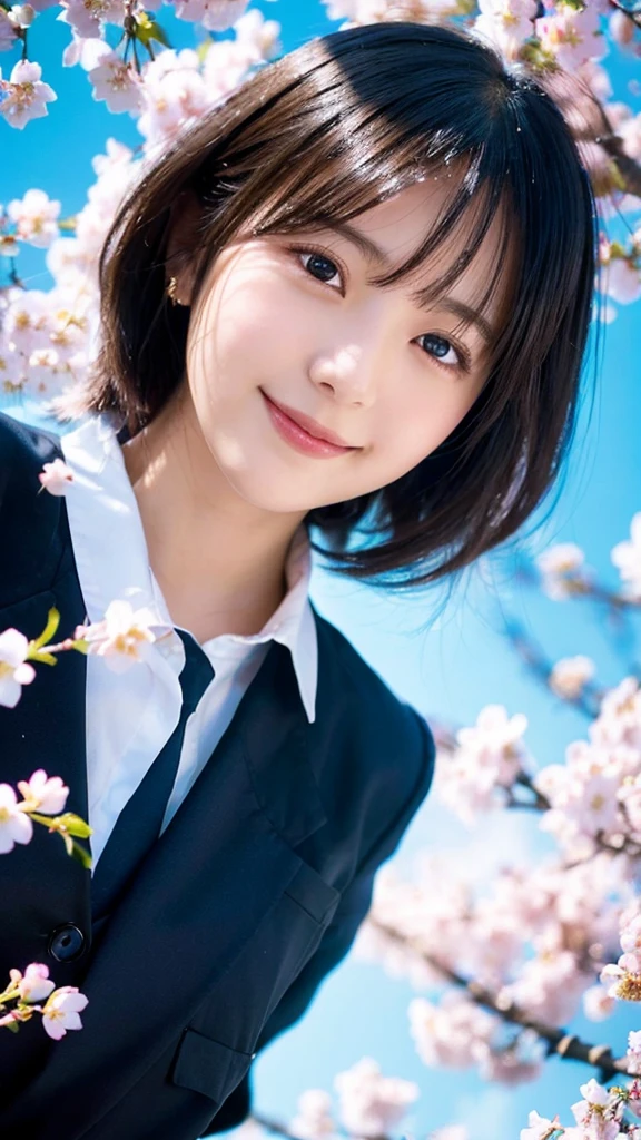 (highest quality,masterpiece:1.3,ultra high resolution),(Super detailed,caustics,8K),(realistic:1.4,RAW shooting),1 girl,(smile),(looking down at the camera),18-year-old,cute,Japanese,black hair short cut,(school uniform),glamorous,(big ),(face focus),street,cherry blossoms,(cherry blossoms吹雪),blue sky,sun,Natural light,(Lens flare),professional writing,(bust up shot),(inclined composition:1.3),(low position:1.4),(Low - Angle:1.4)