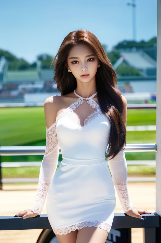 Tzuyu 1, woman, (realistic), (hyper realism), (photorealistic), Depth of the bounds written, eye make up:0.7 (whole body:1.2), (tight waist), looking at the viewer,at the racing track, lace queen, Sexy dress with open shoulders and chest