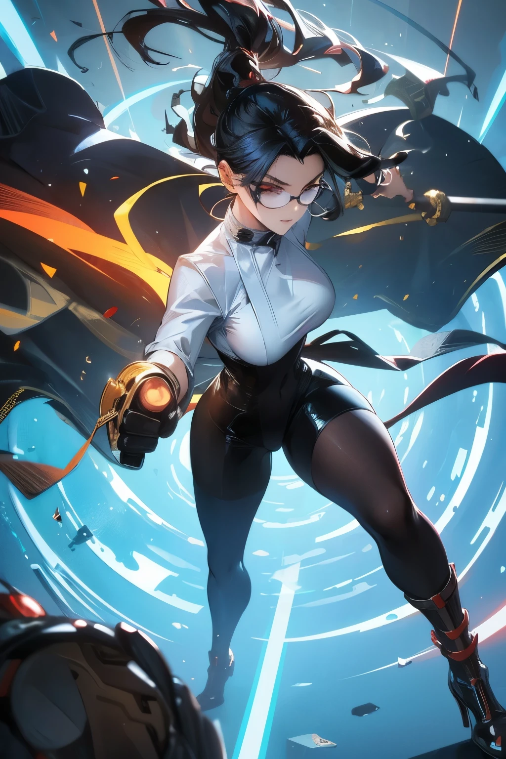 Wide angle shot, beautiful female street fighter, wearing large glasses, black undercut hair, wearing large steel knuckles