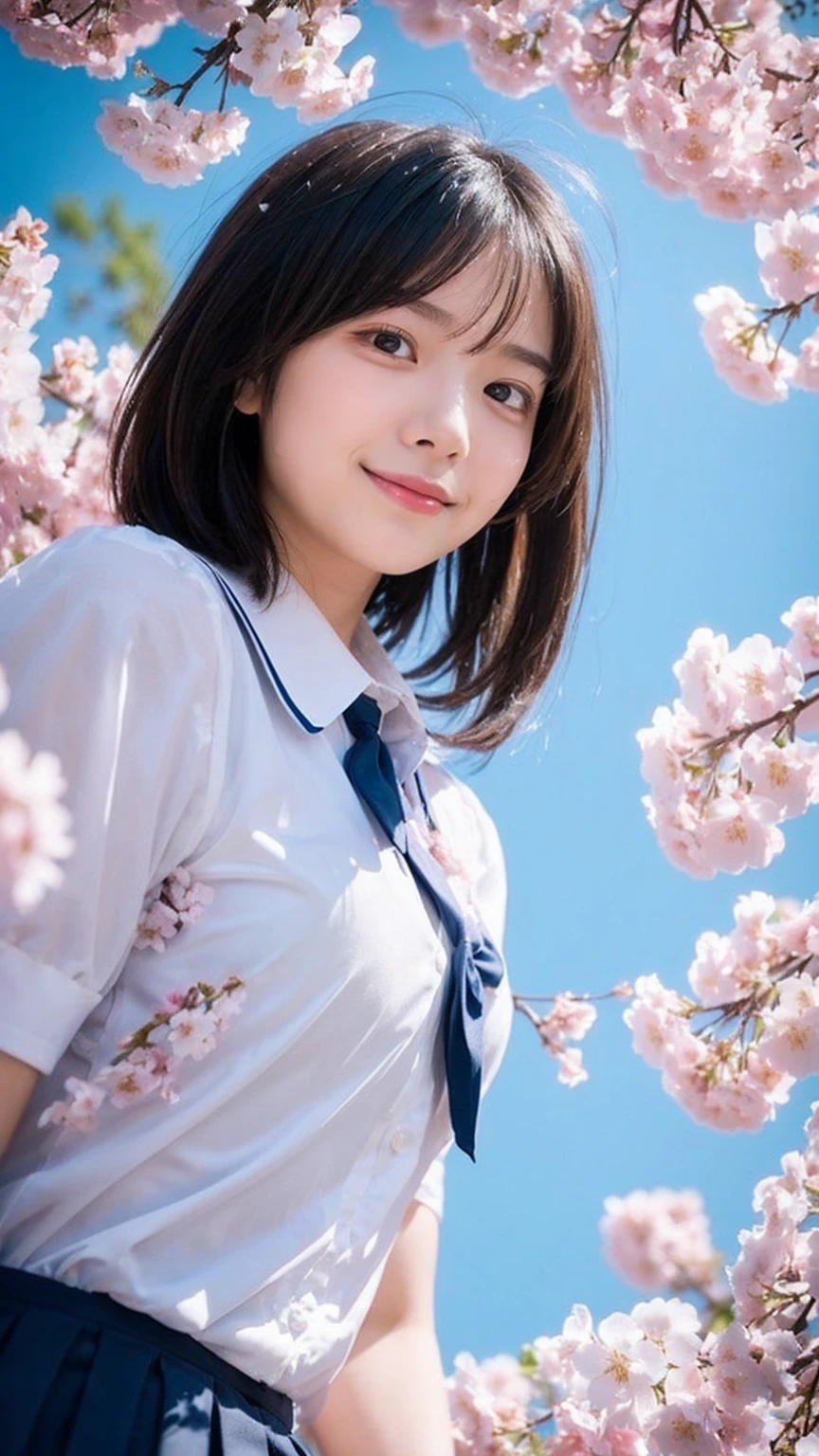 (highest quality,masterpiece:1.3,ultra high resolution),(Super detailed,caustics,8K),(realistic:1.4,RAW shooting),1 girl,(smile),(looking down at the camera),18-year-old,cute,Japanese,black hair short cut,(school uniform),glamorous,(big ),(face focus),street,cherry blossoms,(cherry blossoms吹雪),blue sky,sun,Natural light,(Lens flare),professional writing,(bust up shot),(inclined composition:1.3),(low position:1.4),(Low - Angle:1.4)