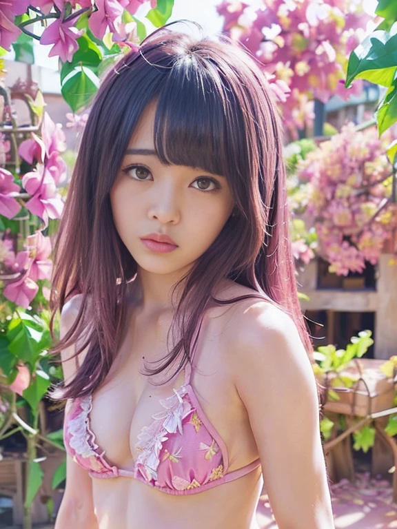(extra detailed body、extra detailed face、best qualtiy:1.2)、femele、looking at the viewers、(pink bra、JINS)、(pink bougainvillea chaos in the background:1.4)no bangs, double eyelids,black hair, (Small Breasts)