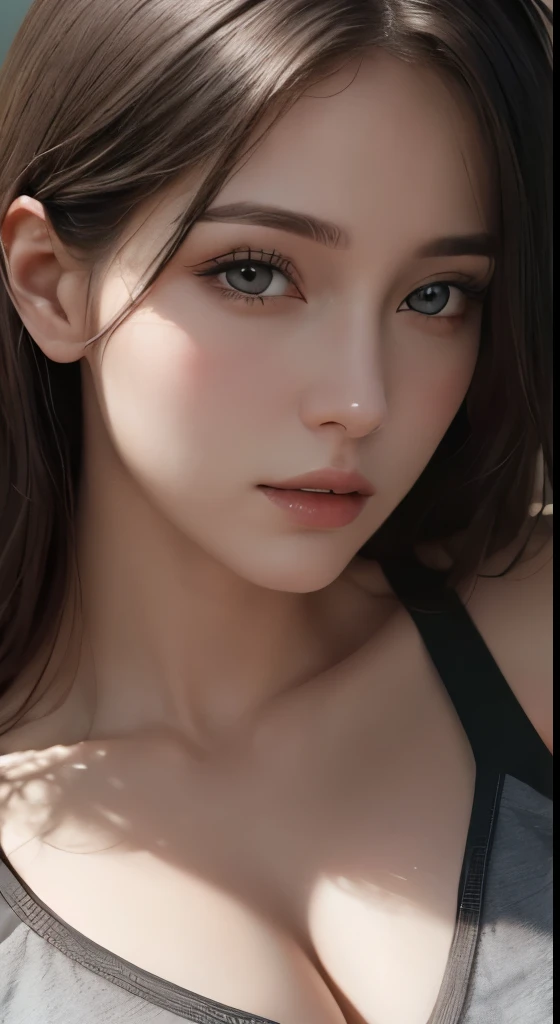 cinematic lighting、perfect、soft light、High resolution skin:1.2、realistic skin texture、30 years old mature woman、small face、no makeup、Bust B Cup、、beautiful small brown eyes、short hair、dark brown hair、Cool beauty、gray background
