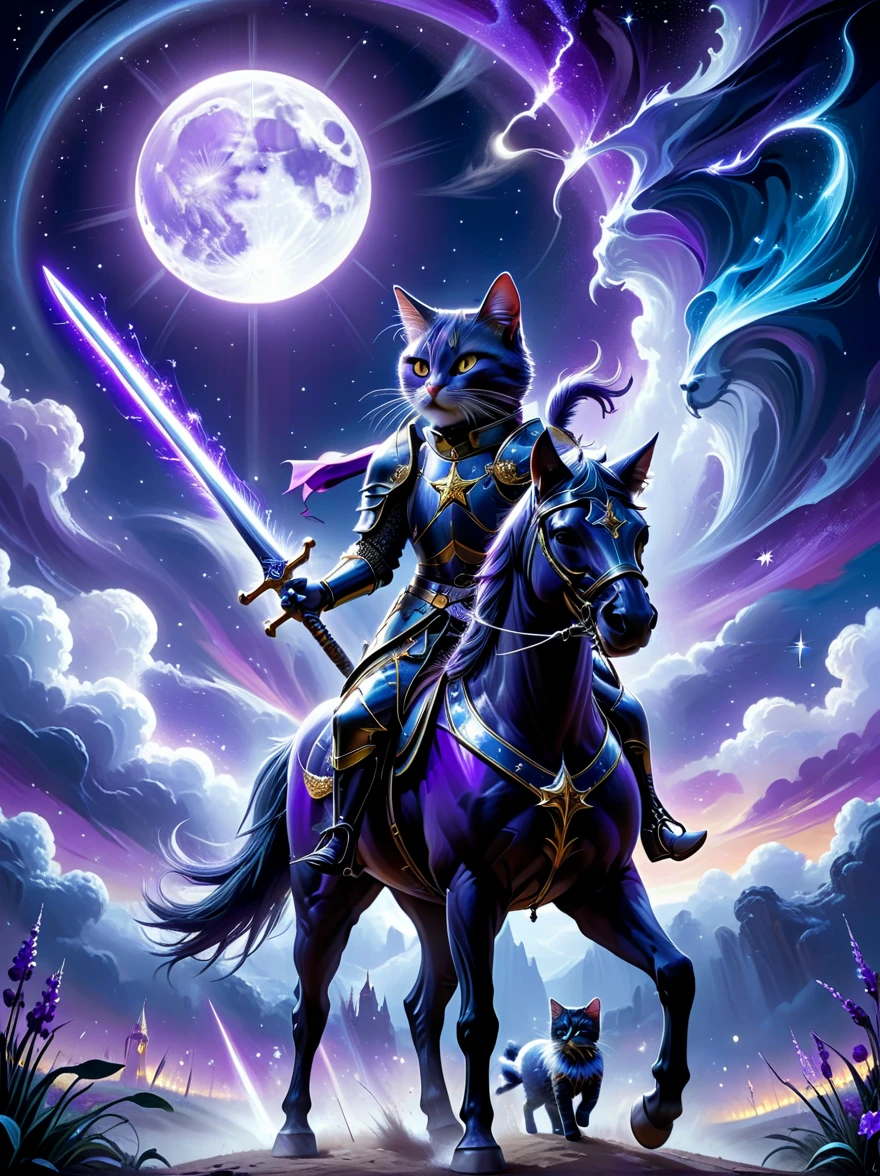 Surrealism, Star光环, Monochrome in the bright embrace of moonlight serenade, (1 stray cat knight), Wearing richly decorated cavalry uniform,(The cat knight holds a sword in his hand),Deep purple accents capture the whispers of the night, Riding on his trust (White steed:1.2), A horse gallops quietly on the whispering plain. Sitting proudly in the saddle, Compared, Tone, texture, detailed, Star, Colorful halo, Vibrant energy, expressive, dramatic, organic lines and forms, dreamy and mysterious, Surrealism
